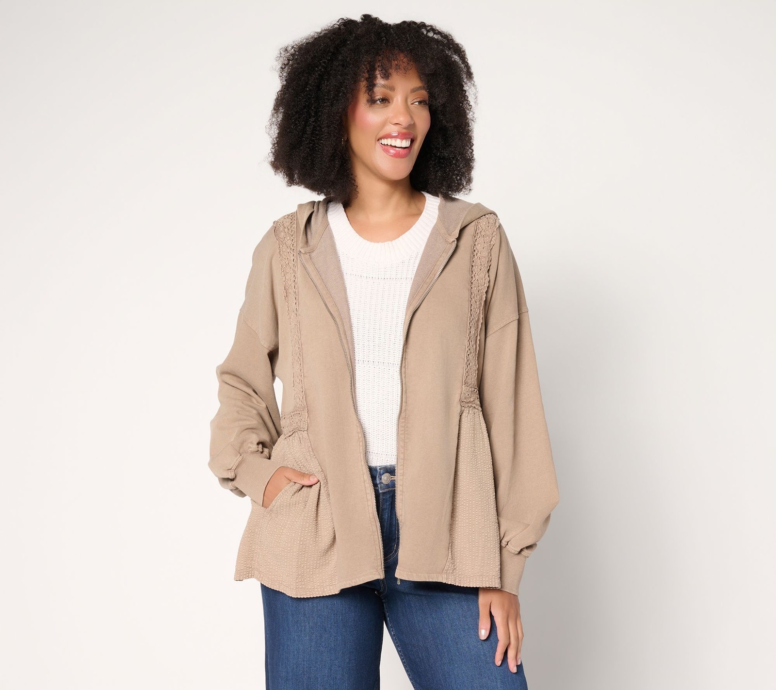LEGO Women\'s Jacket Sz XL Zip Front Lace Trim Knit Brown A703110