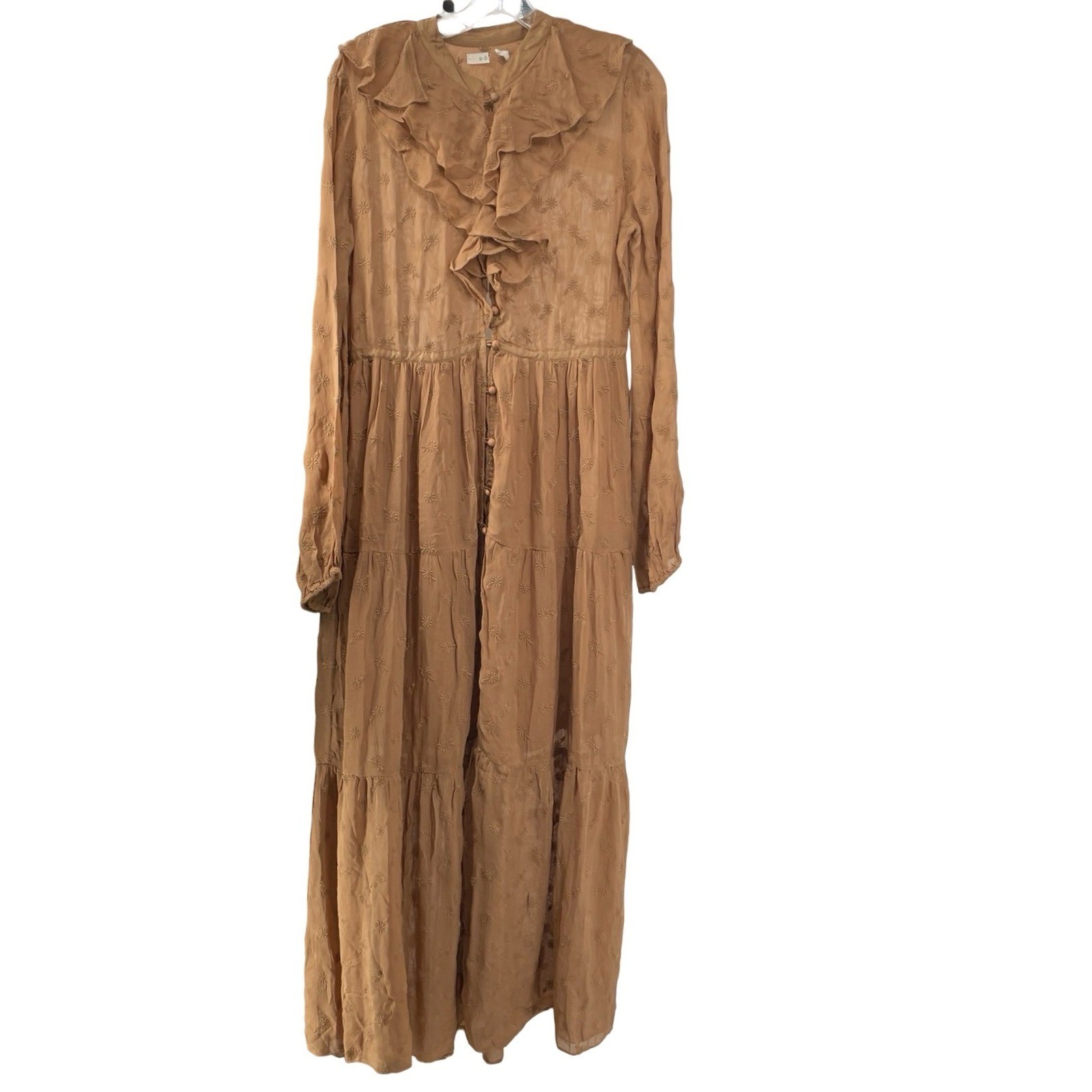 DOEN Women Maxi Dress Embroidered Tiered Ruffle Tan Brown Ramie Size Medium NWOT