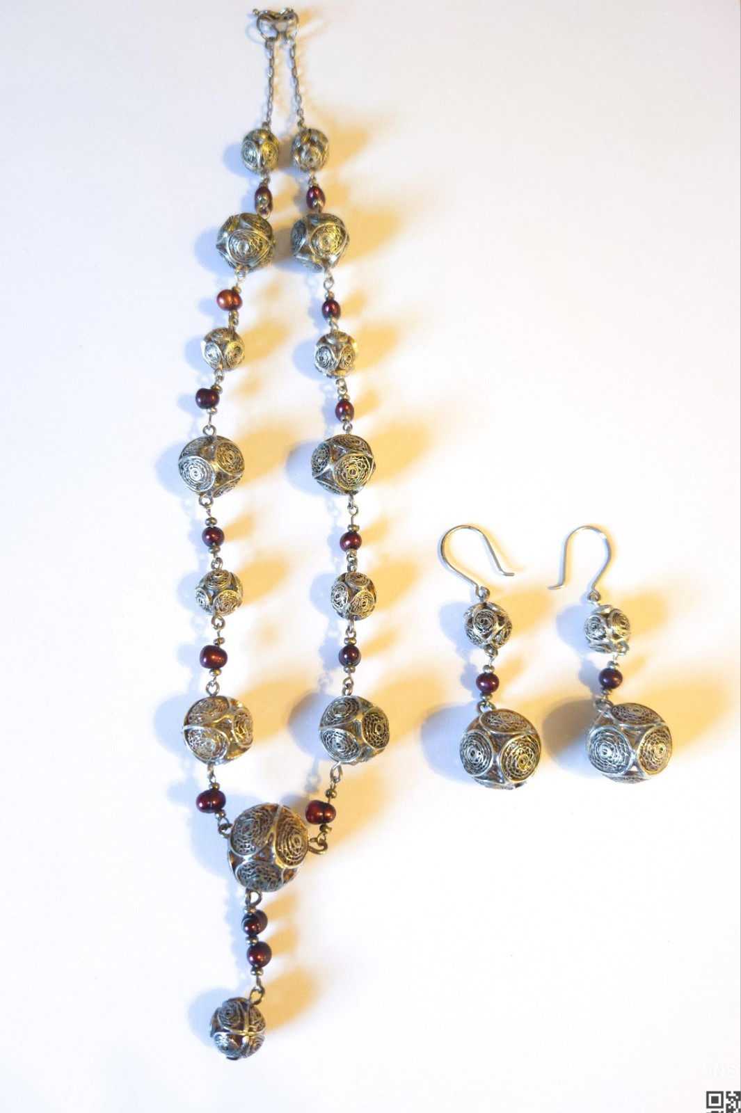 49 Gram Vintage Sterling Silver Filigree Ball Pearl Lariat Necklace Earring Set 49 Gram Vintage Sterling Silver Filigree Ball Pearl Lariat Necklace Earring Set