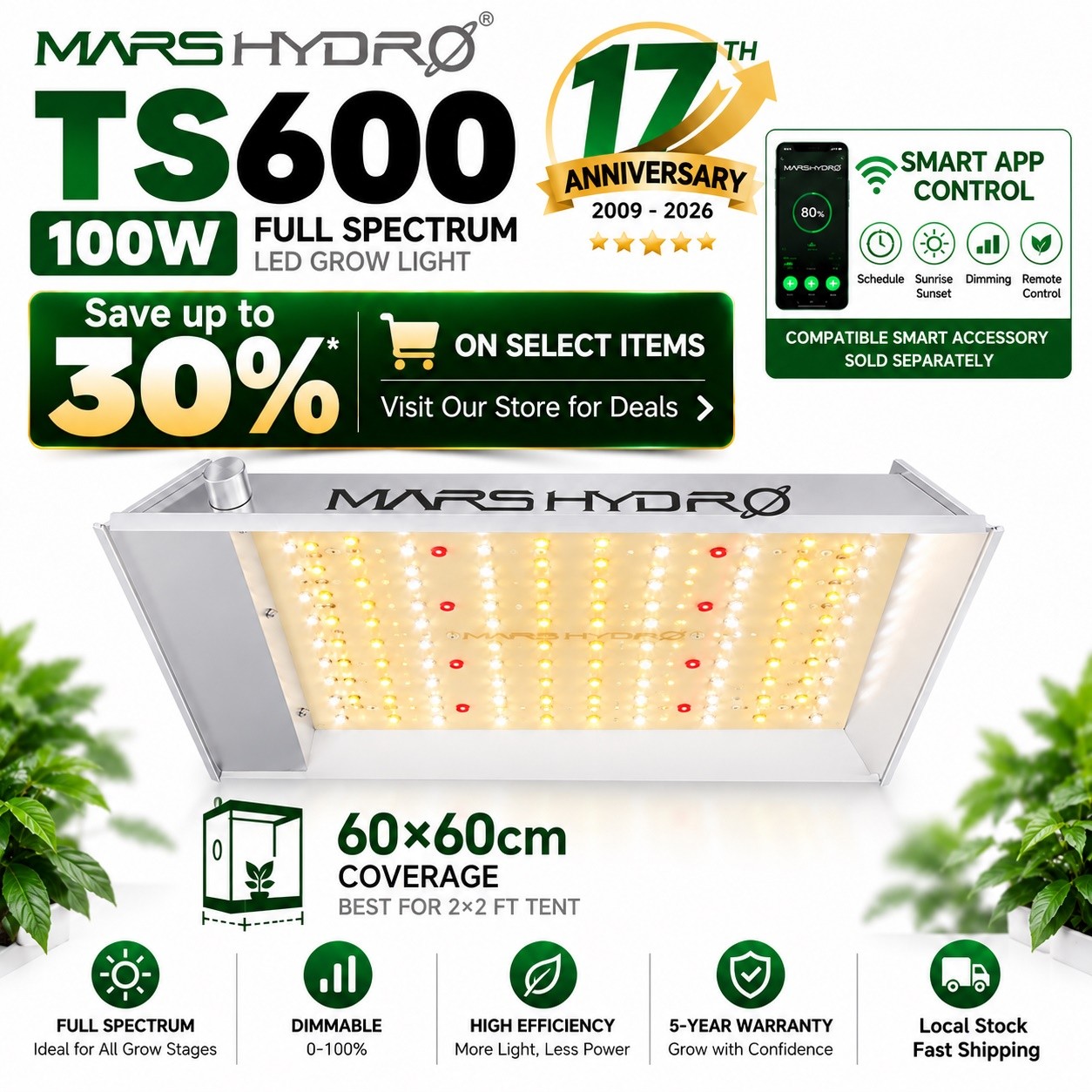 2026 Mars Hydro TS 600 100W LED Grow Light Dimmable Lamp for 2x2ft+RJ12 Port