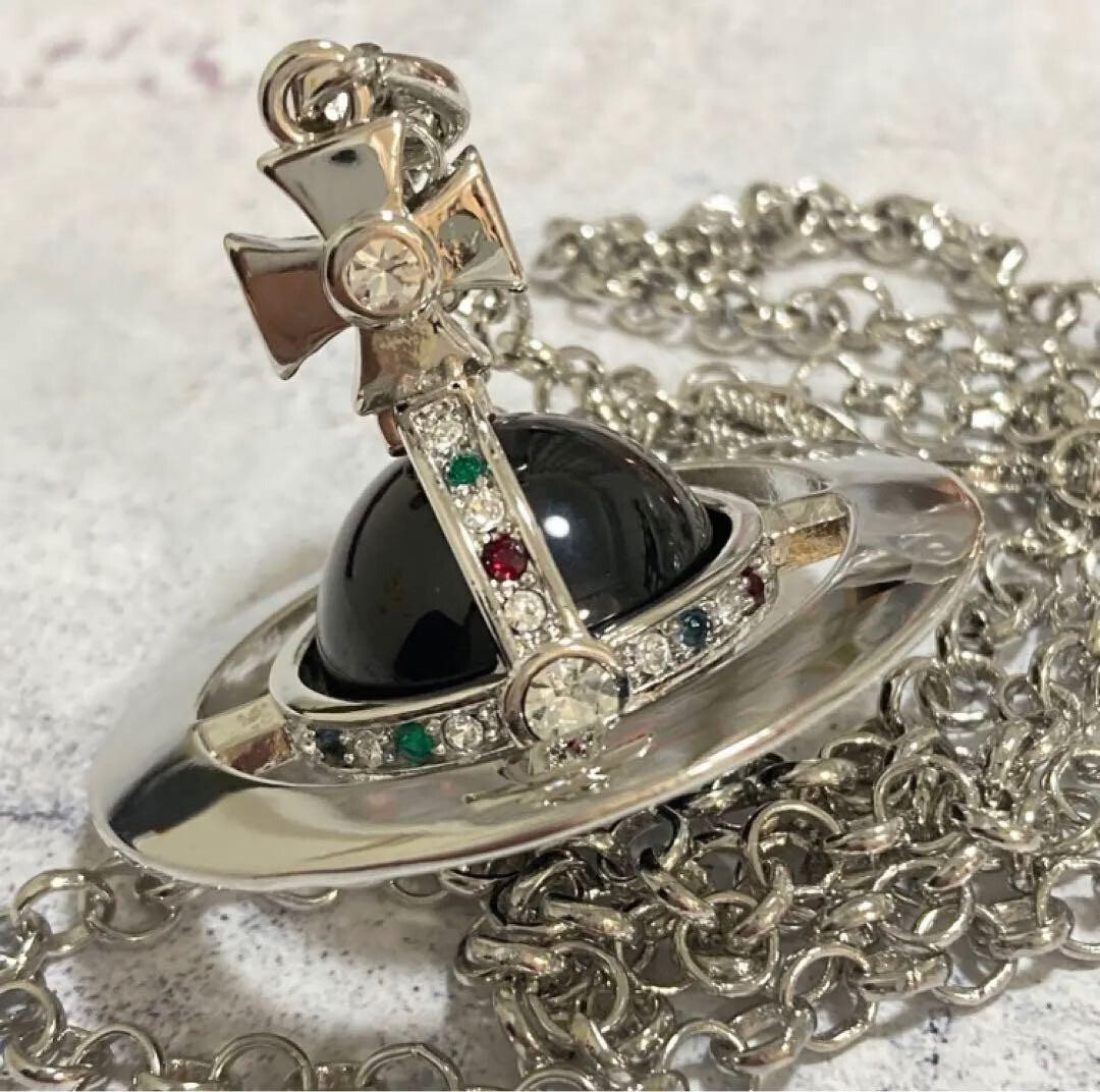 Vivienne Westwood Small ORB Necklace Black Silver Pendant with drawstring