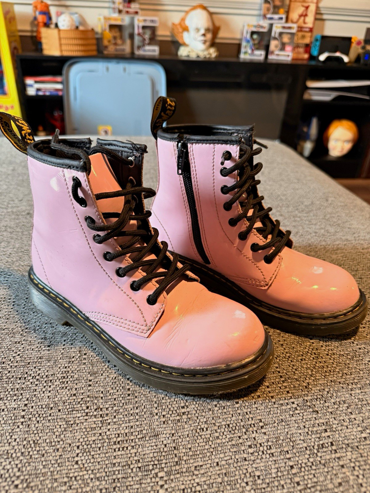Dr. Martens 1460 J Pink Patent Leather Lace-Up Side Zip Combat Boots US 2