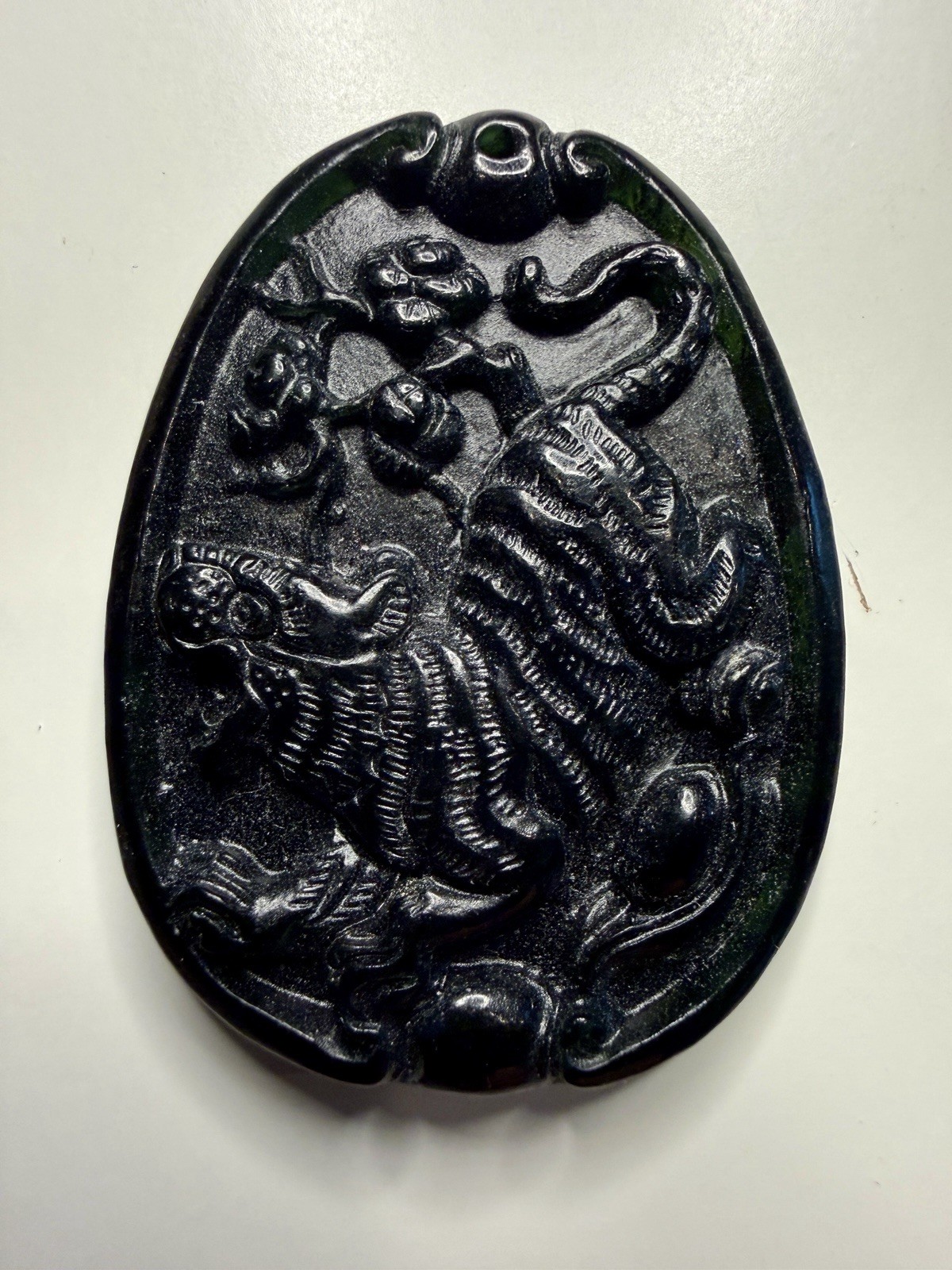 Chinese Carved Stone Tiger Pendant Amulet Dark Green Black Vintage Style