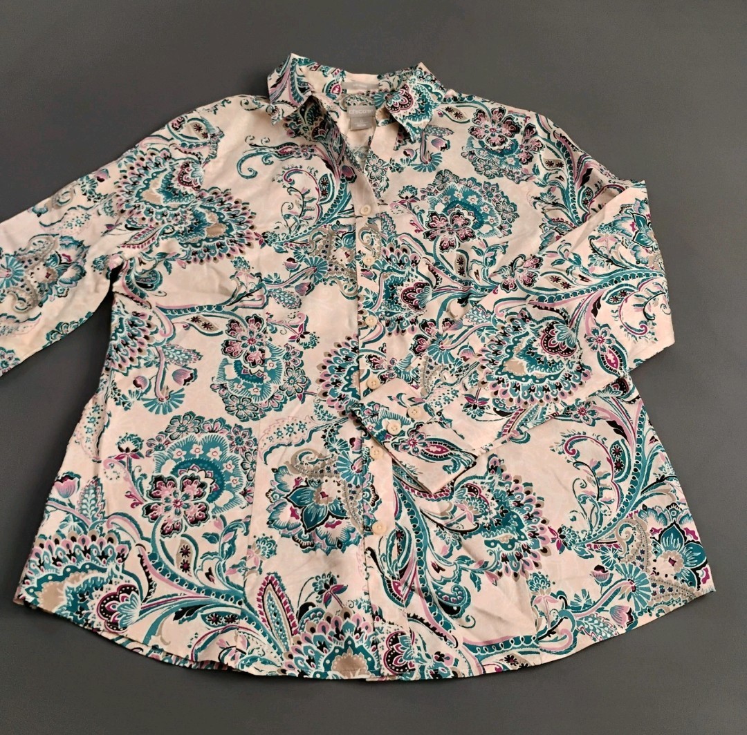 Chico\'s Women\'s No-Iron Shirt Size 0 Wrinkle Resistant Pink Paisley Button-Up Chico\'s Women\'s No-Iron Shirt Size 0 Wrinkle Resistant Pink Paisley Button-Up