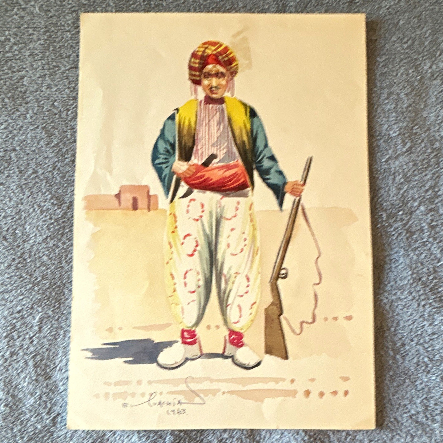 E. Lachia Signed 1963 Paper Print Man in Traditional Clothing w/ Rifle 11x8\ E. Lachia Signed 1963 Paper Print Man in Traditional Clothing w/ Rifle 11x8\