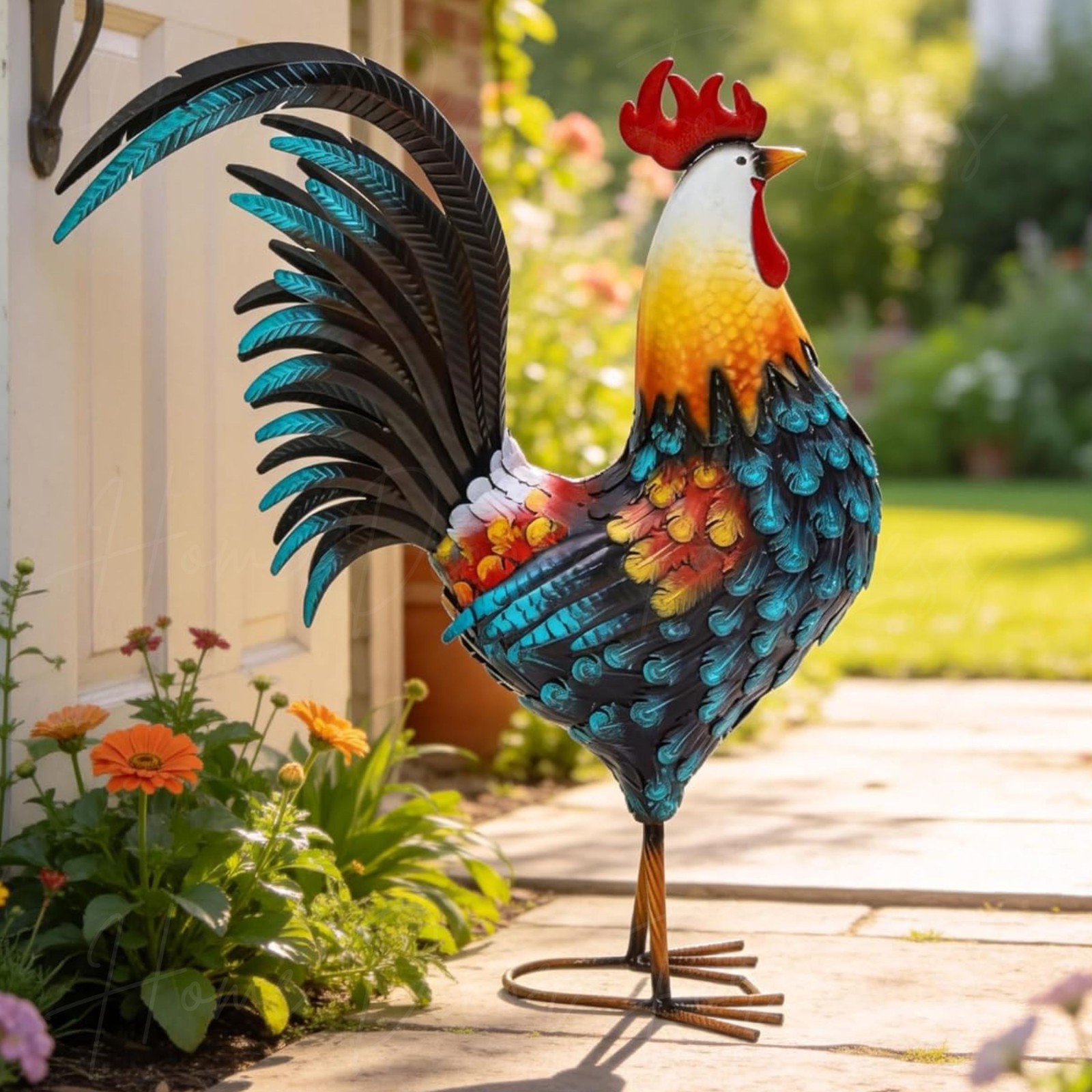 Large Metal Rooster Garden Statue Chicken Sculpture Outdoor Farm Yard Art Decor