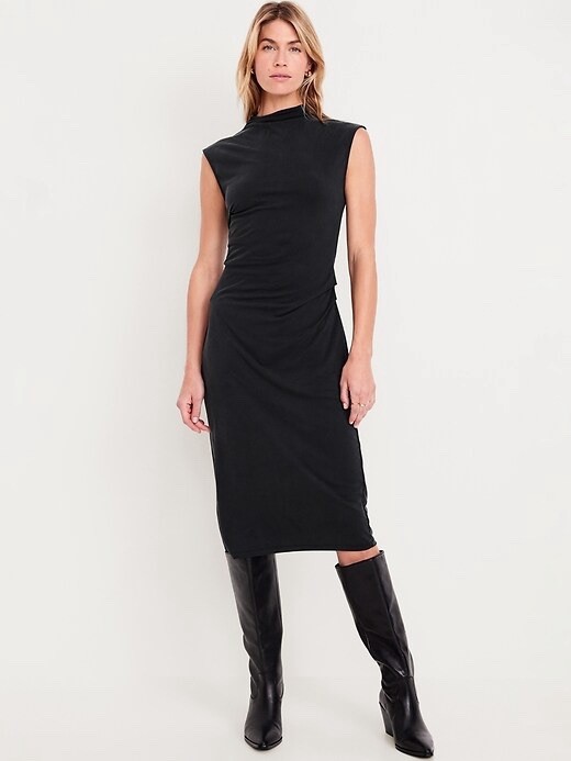 Old Navy Women’s XS Black Mock Neck Cap Sleeve Ruched Stretch Midi Dress Old Navy Women’s XS Black Mock Neck Cap Sleeve Ruched Stretch Midi Dress