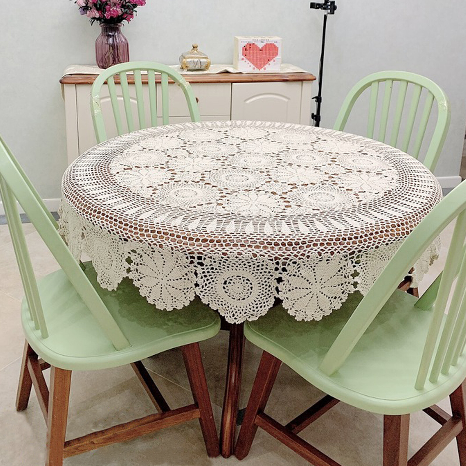 White Round Vintage Crochet Lace Cotton Floral Tablecloth Wedding Party 52inch