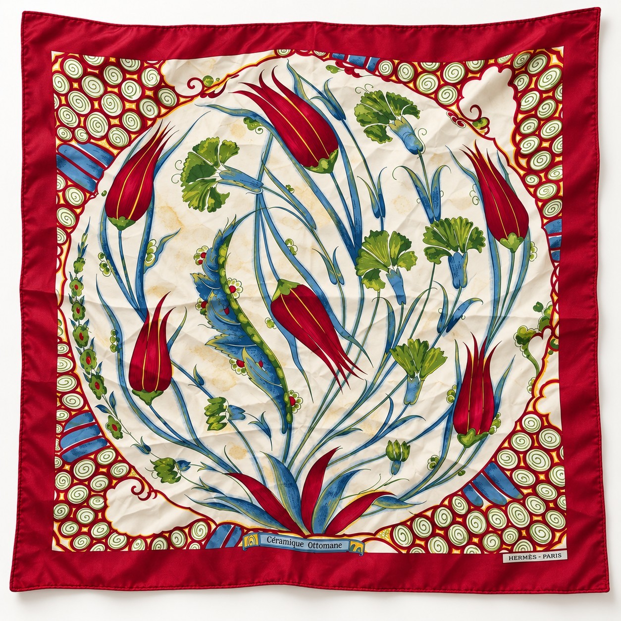 Hermes Ceramique Ottomane Carre 90 Silk Scarf Laurence Bourthoumieux 2001 Red