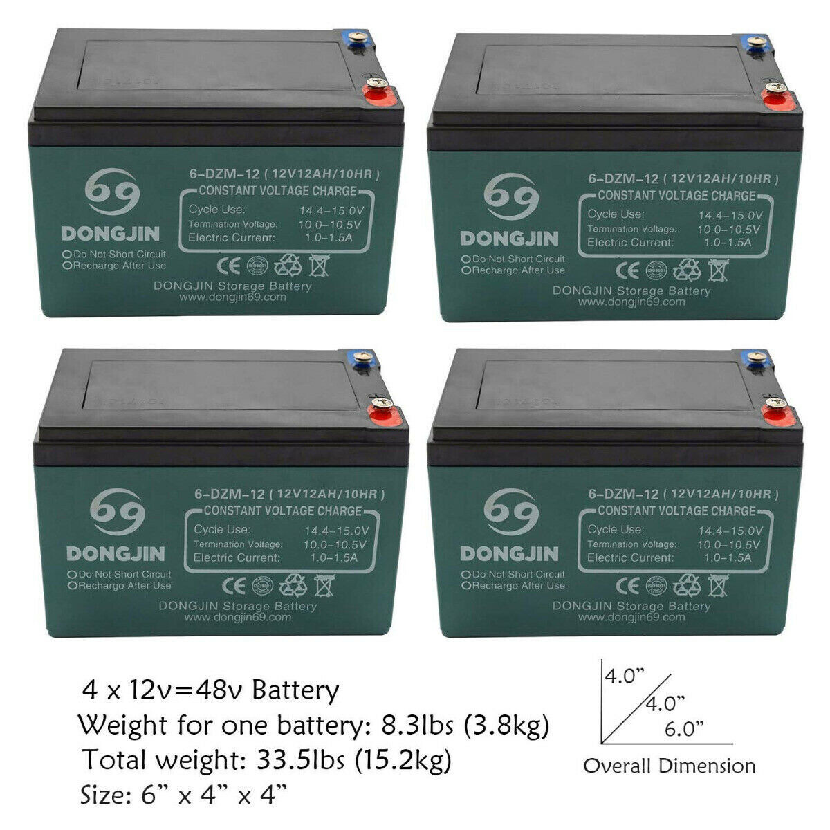 4pc  6-DZF 6-DZM-12 12V SLA Battery for 48V  Scooter Go Kart ATV Quad Golf Cart