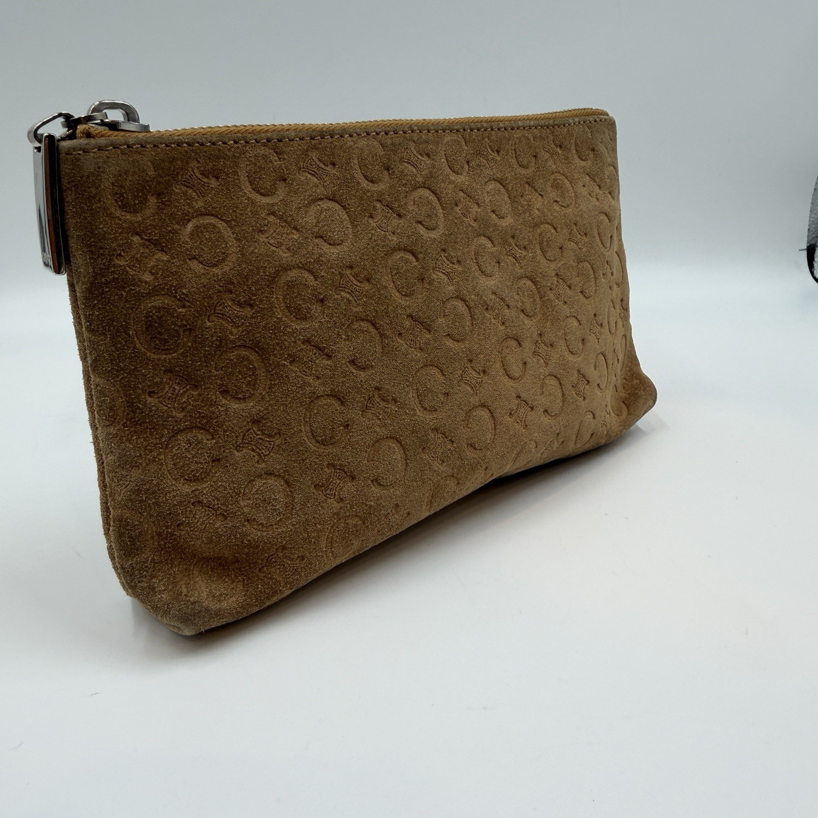 DDP/Auth CELINE Vintage C Macadam Suede Monogram Pouch Cosmetics Clutch Brown