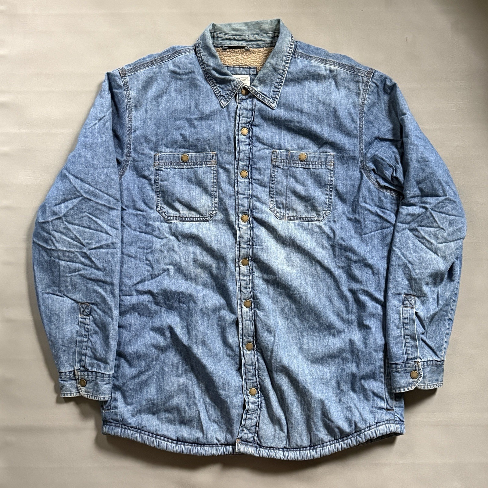 LL Bean Sherpa Lined Button Down Jacket Men\'s Size Large Tall Denim Shacket