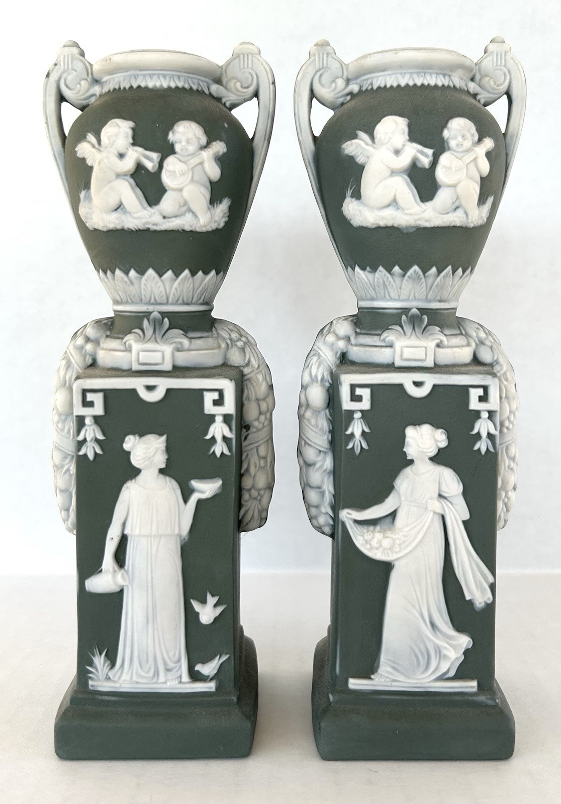 Antique Schafer & Vater Green Jasperware Vases Matching Pair Maidens c1890 Antique Schafer & Vater Green Jasperware Vases Matching Pair Maidens c1890