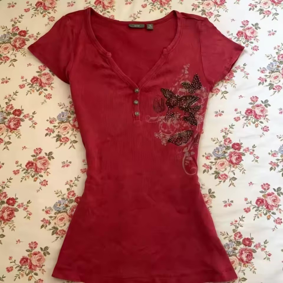 Womens Red Butterfly Rhinestone Tshirt Y2k Womens Red Butterfly Rhinestone Tshirt Y2k
