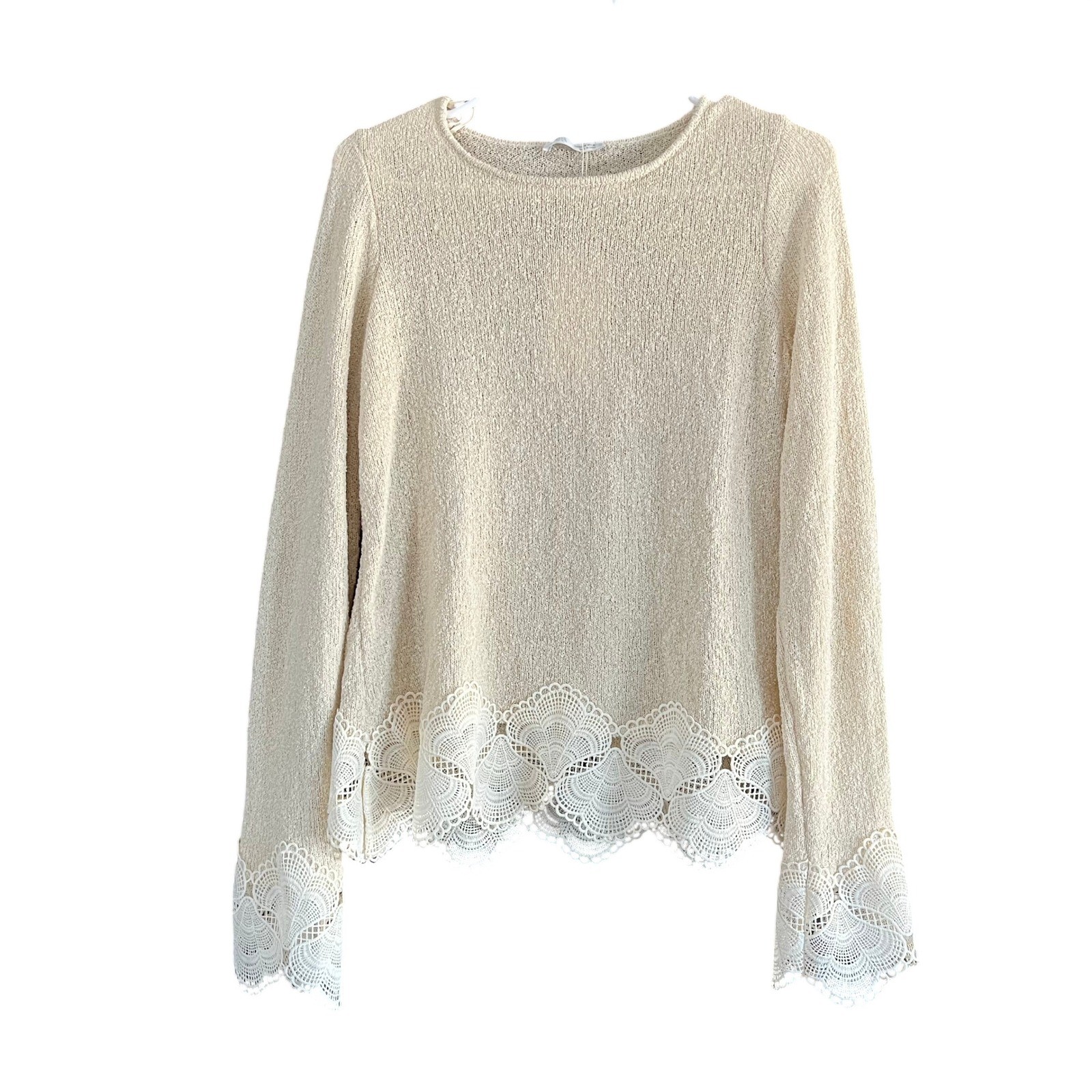Zara Cream Textured Knit Lace Trim Sweater 8779/160/711 NWT Size M