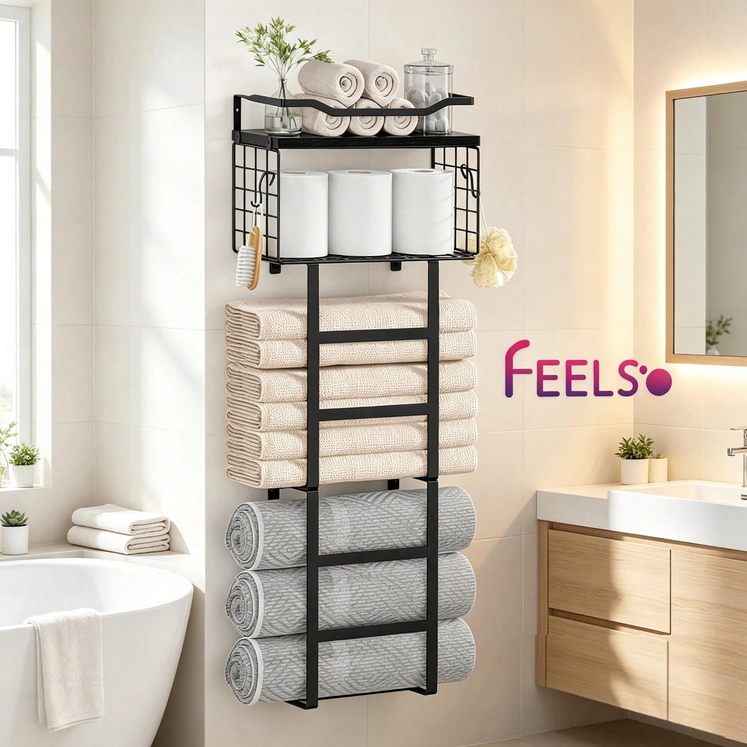 Towel Racks for Bathroom Wall Mounted, 4-Tier Bathroom Towel Rack with Basket