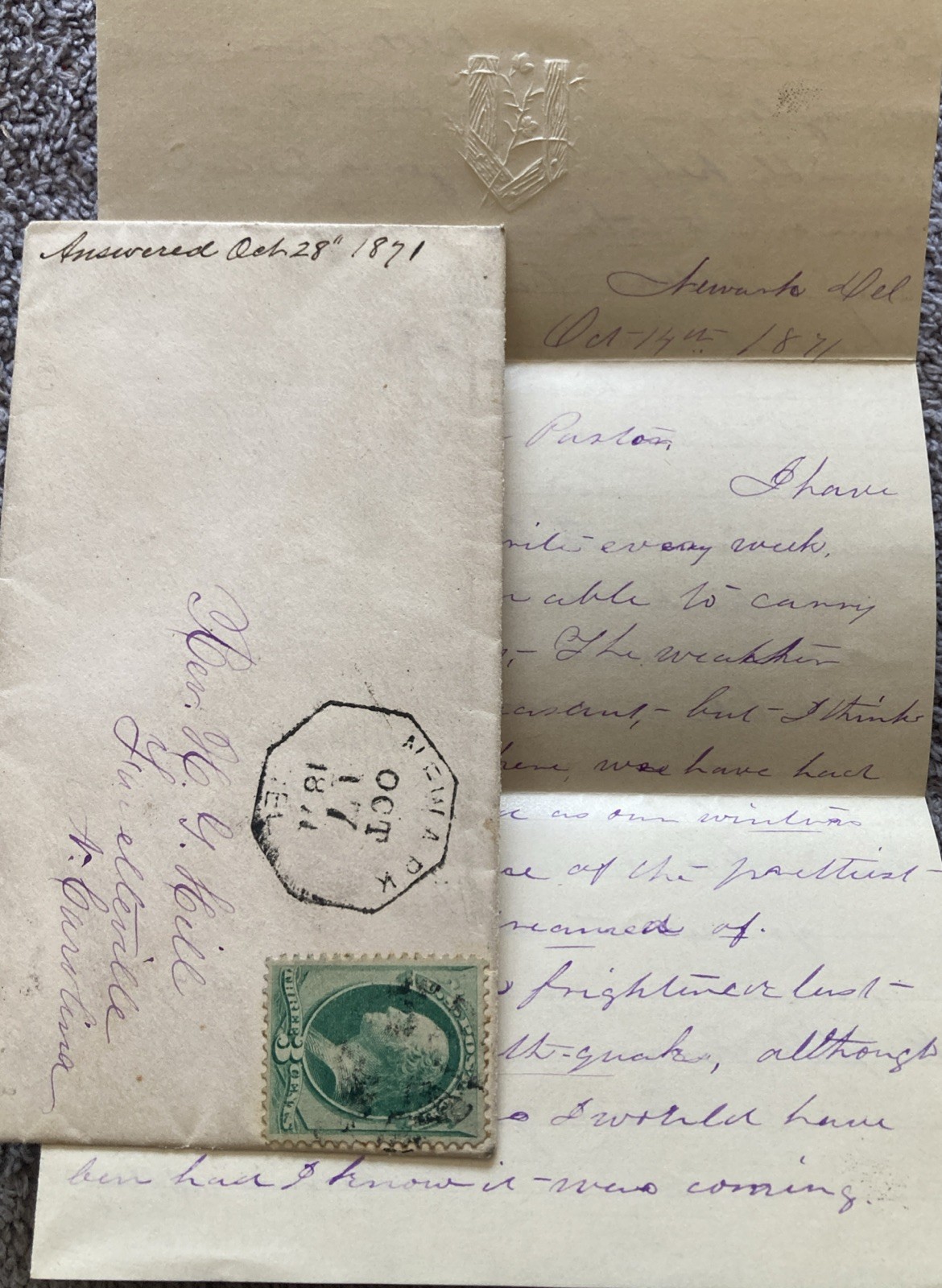 1871 Fayetteville NC Cover + Letter To Reverend HG Hill Newark Delaware