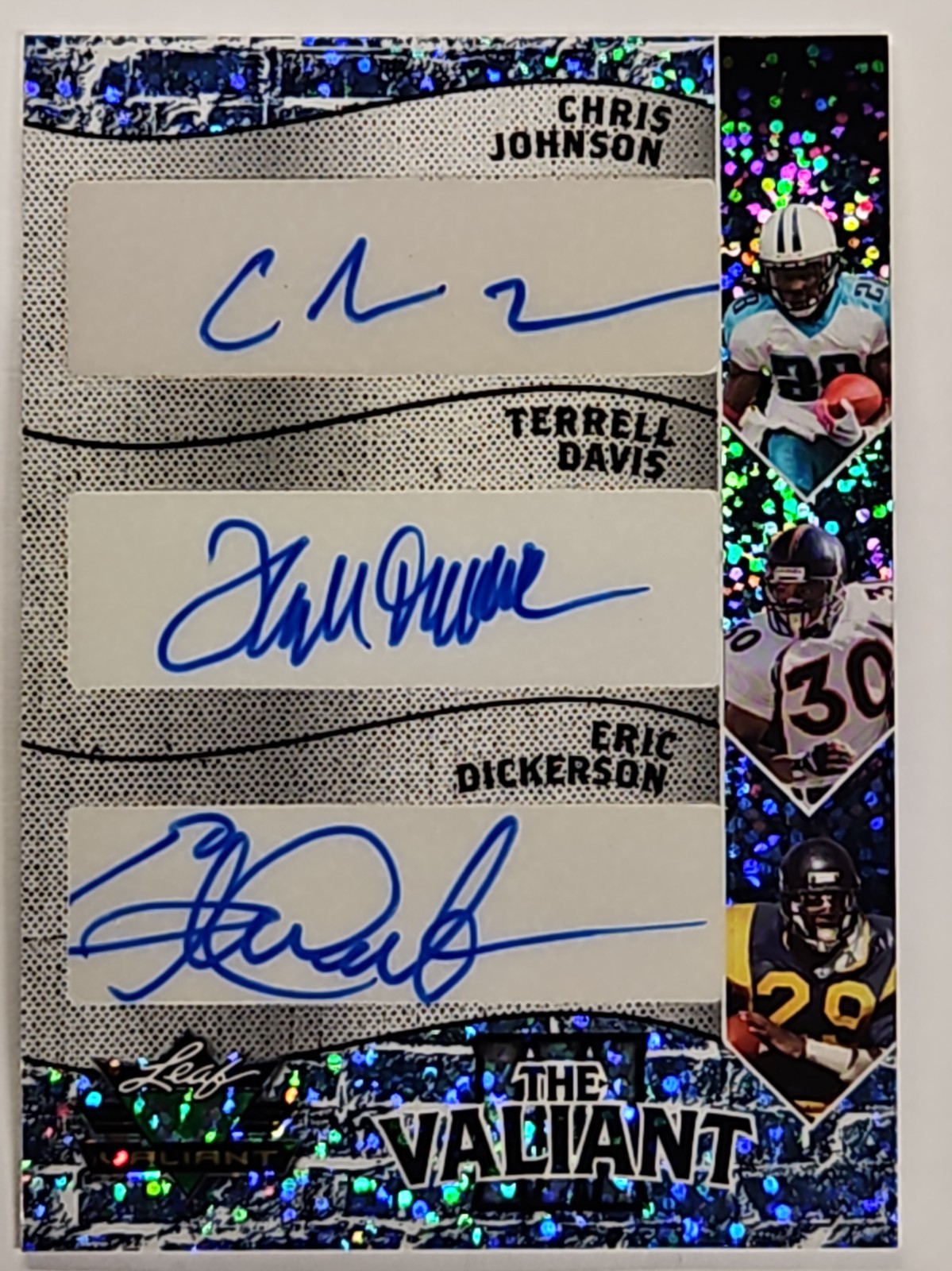 2025 LEAF SP TRIPLE AUTO 1/1 ERIC DICKERSON TERRELL DAVIS CHRIS JOHNSON MINT 💰