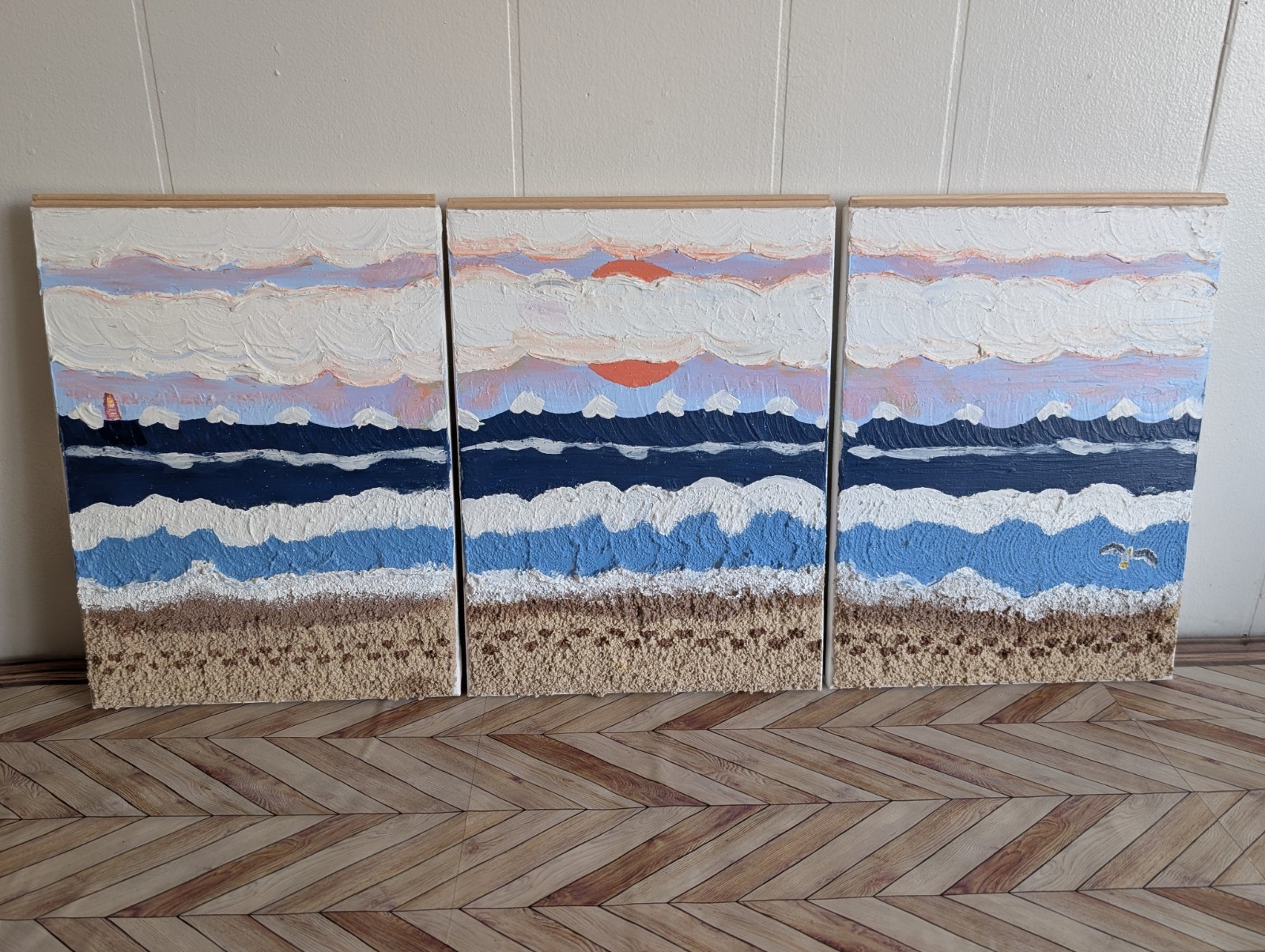original mixed-media Lake Huron shoreline triptych