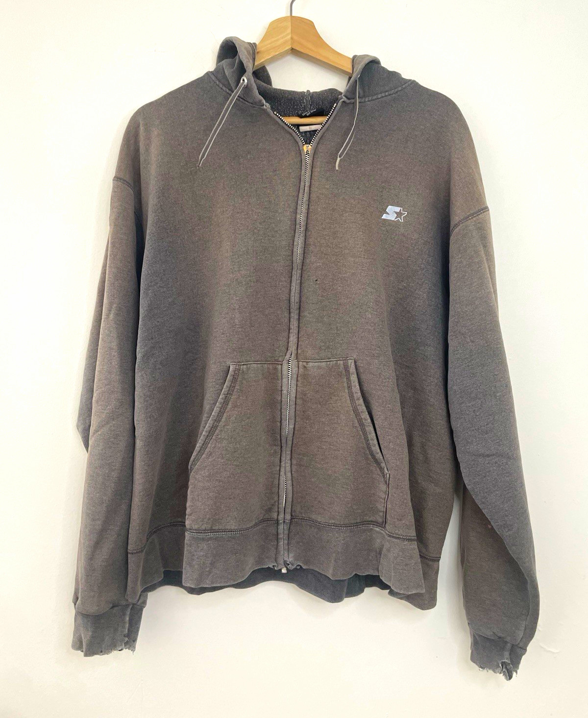 Vintage 90s Starter Sun Faded Zip Up Hoodie Gray Charcoal Distressed Unisex M