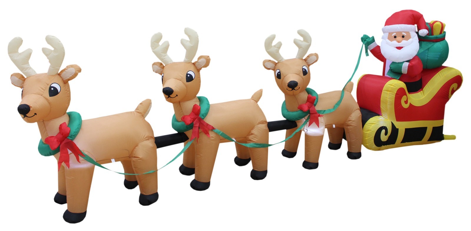 USED 12 Foot Long Christmas Inflatable Santa Claus Reindeer on Sleigh Decoration