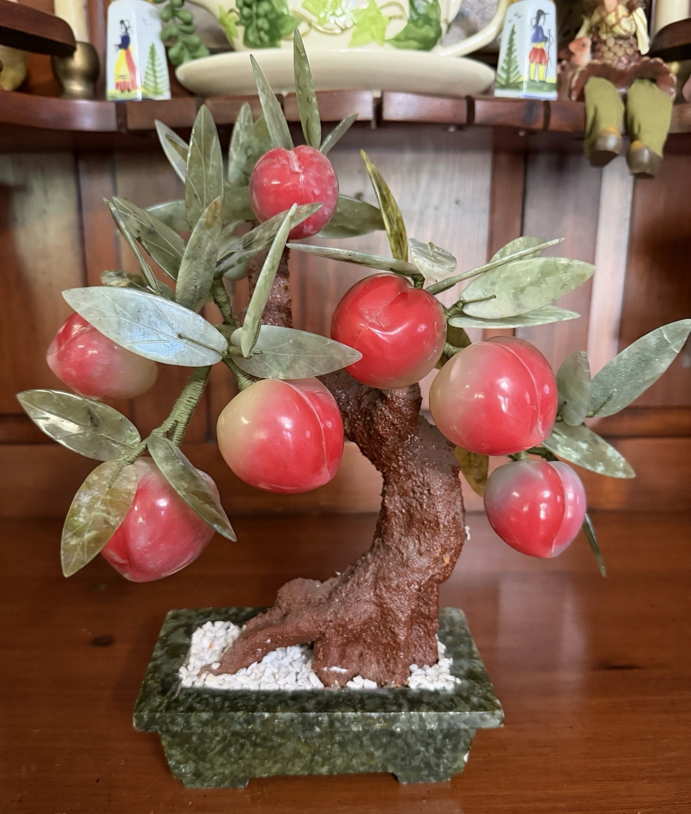 Vintage Large Chinese Jade Peach Bonsai Tree 9 Fruits 7 Large 2 Small Feng Shui Vintage Large Chinese Jade Peach Bonsai Tree 9 Fruits 7 Large 2 Small Feng Shui