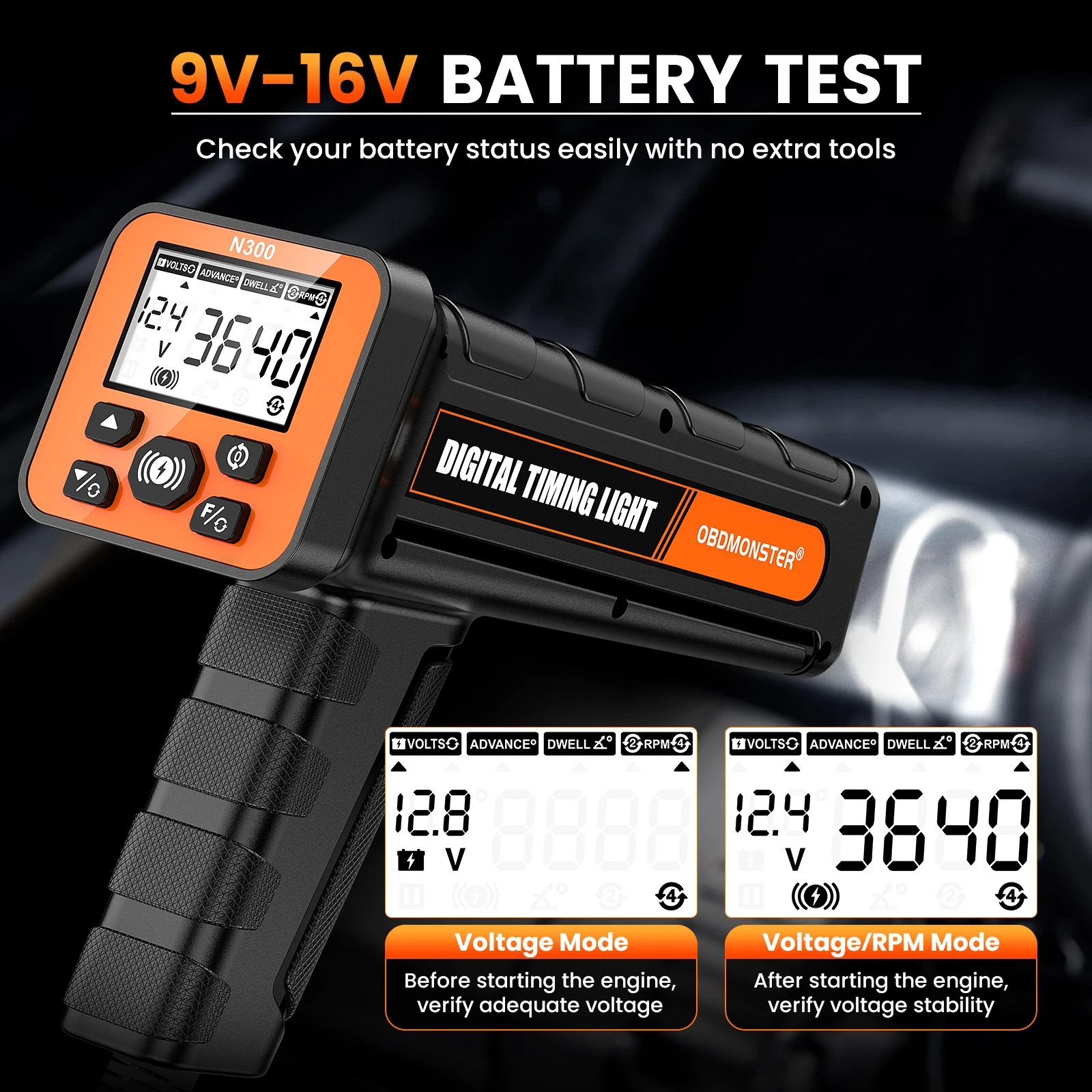 2026 N300 Digital Timing Light with Voltage Test & Dwell Angle Advance Angle&RPM