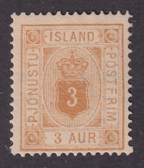 MATT\'S STAMPS SCOTT ICELAND #O4 YELLOW 3 AURAR 1876-95 OFFICIAL ISSUE, MH CV$55