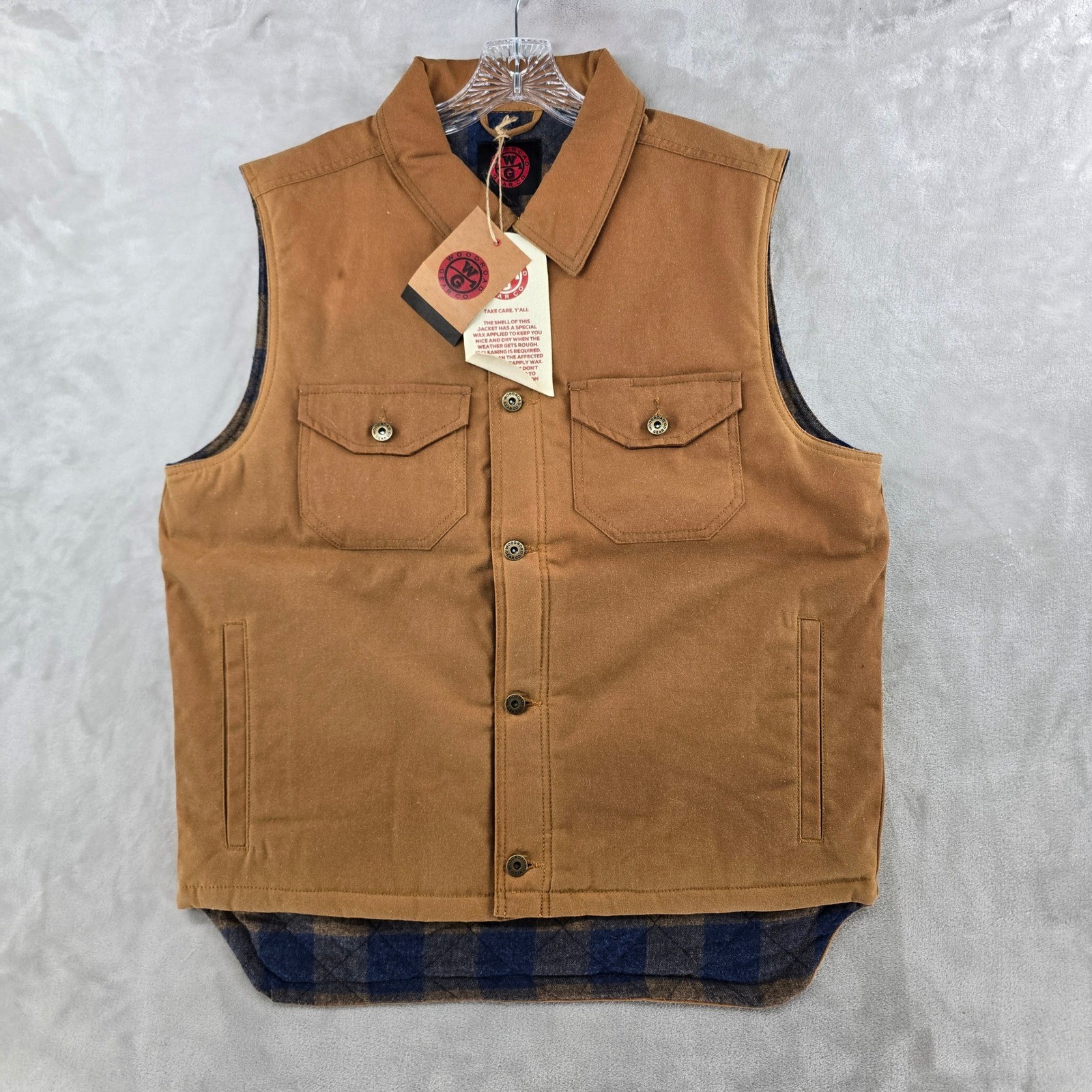 Woodroad Gear Co Ranch Hand Waxed Canvas Vest Men XL Golden Oak Fleece lined