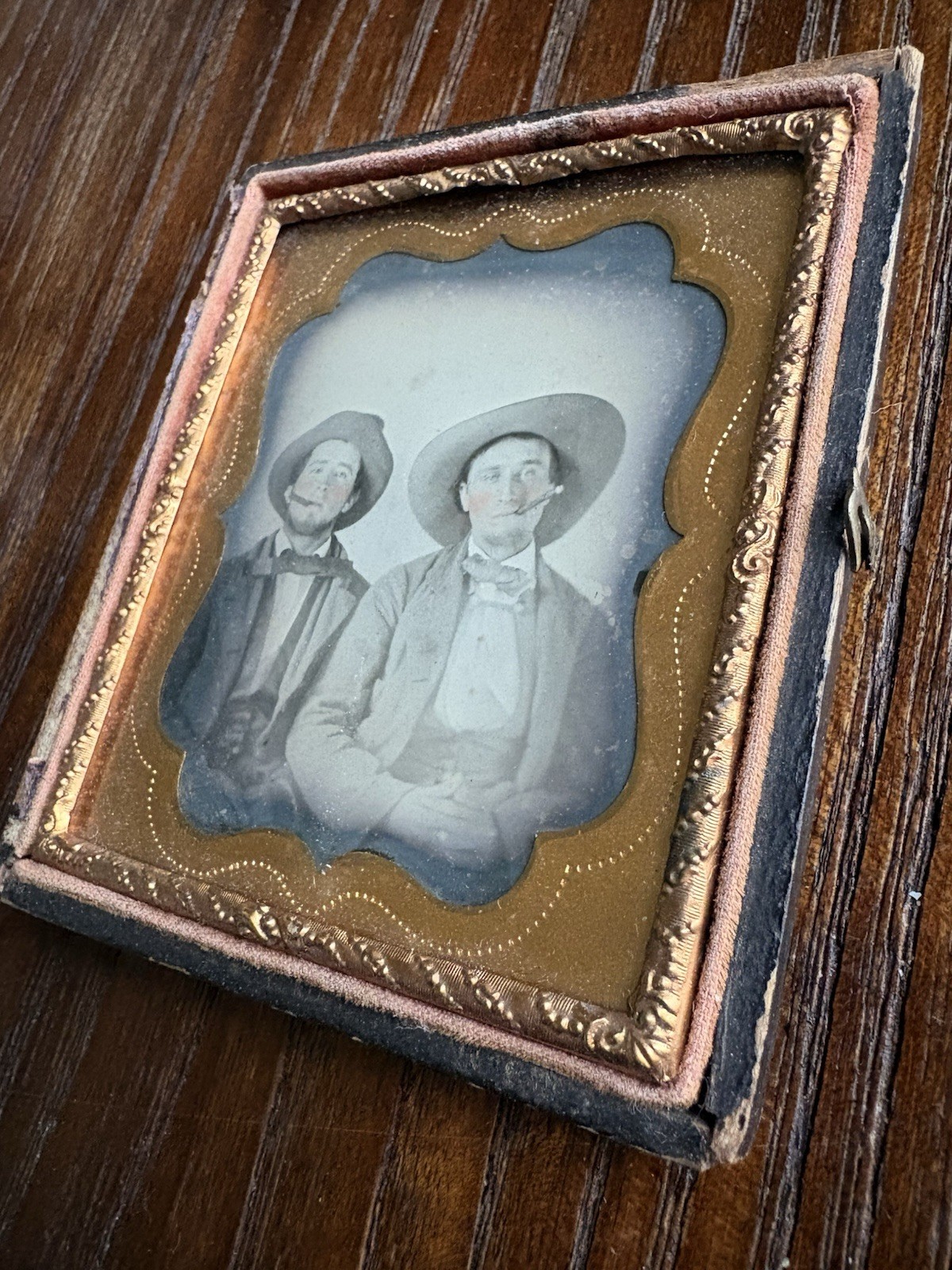 Civil War Era 6th Plate Glass Ambrotype Photo Two Southern Gents Smoking Cigars