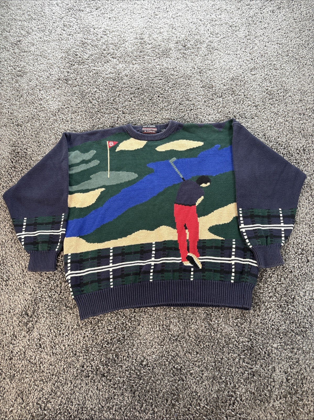 Vtg Roundtree Yorke Sweater Mens XL Diamond Golf Chunky Knit Graphic Blue 90s