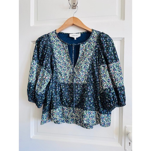 The Great Floral Corduroy Patchwork Top Navy Blue Puff Sleeve Blouse Size 0 XS