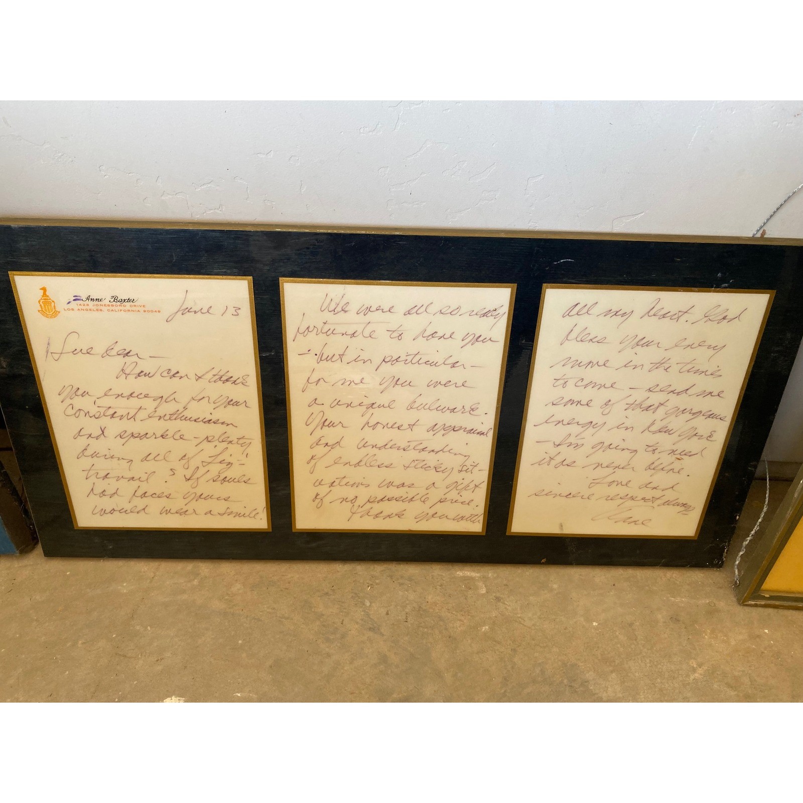 Anne Baxter Vintage PermaPlaque Handwritten Letter Hollywood Memorabilia Plaque