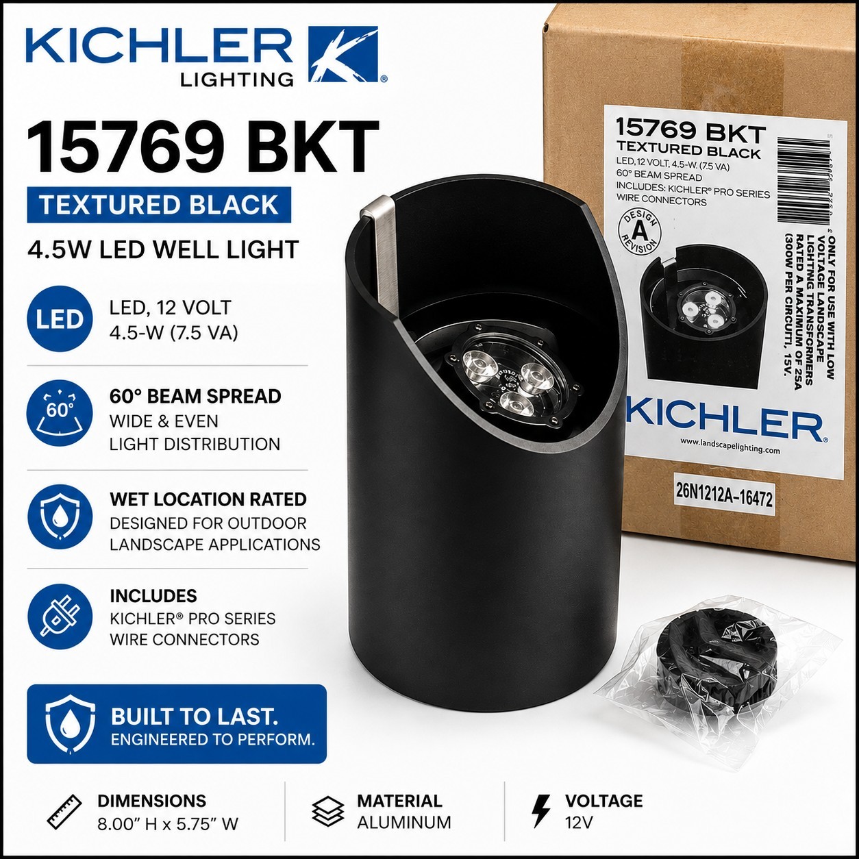 Kichler 15769BKT 4.5W LED Well Light 12V 60° Beam Spread Textured Black Landscap