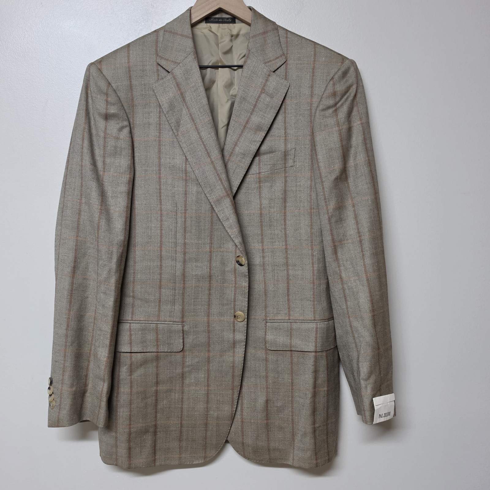 NWT Pal Zileri Blazer IT 50R US 40R Beige Windowpane Wool Linen Silk Italy