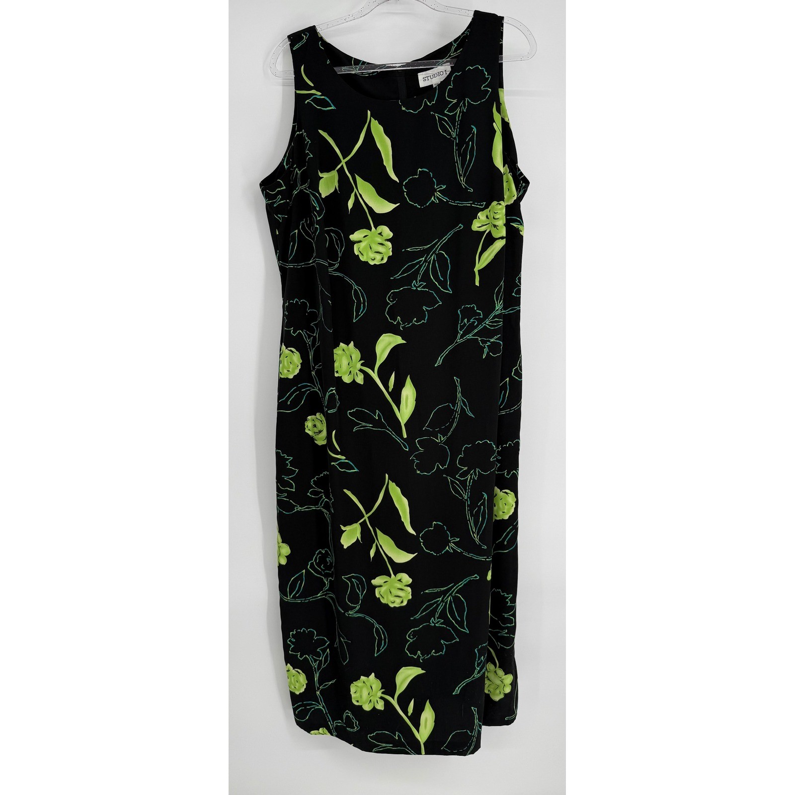 Studio I Womens 18W Black Lime Green Floral Sleeveless Maxi Dress Back Slit