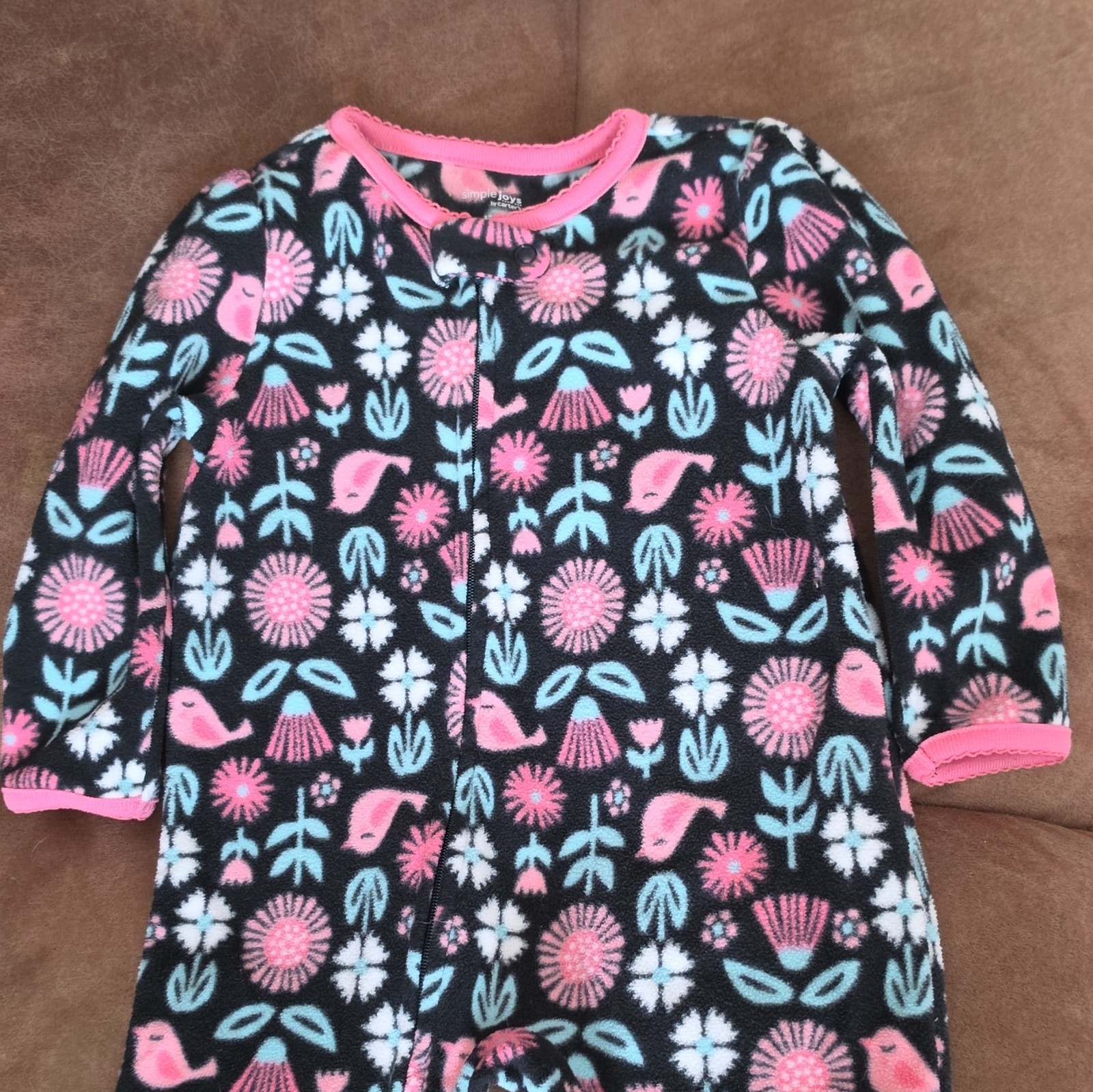 Simple Joys by Carter's Girls 9-12M Black Floral Bird Footed Fleece Zip Sleeper