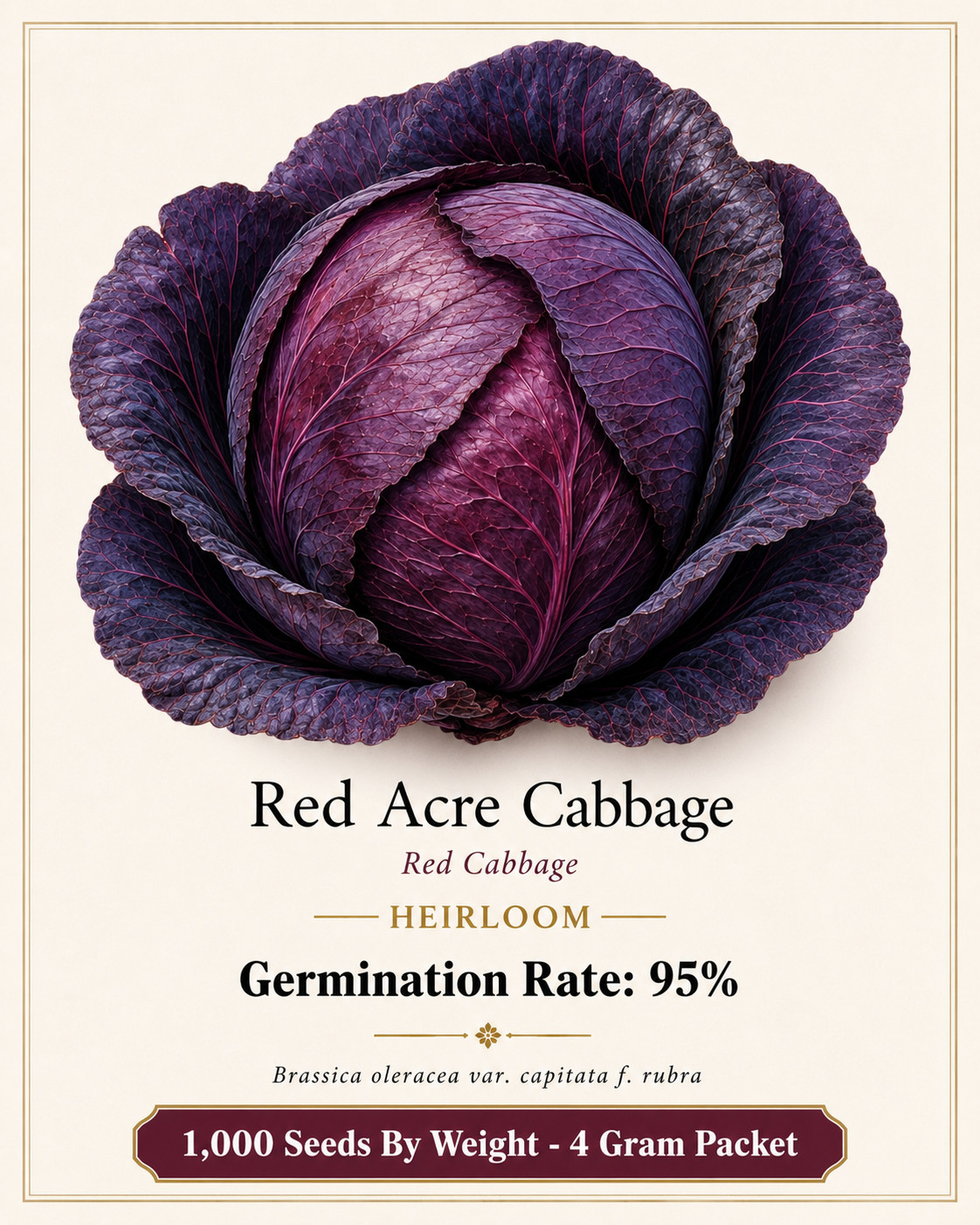 1,000 Heirloom Red Acre Cabbage Seeds Classic Purple Cabbage Crisp&Tender NonGMO