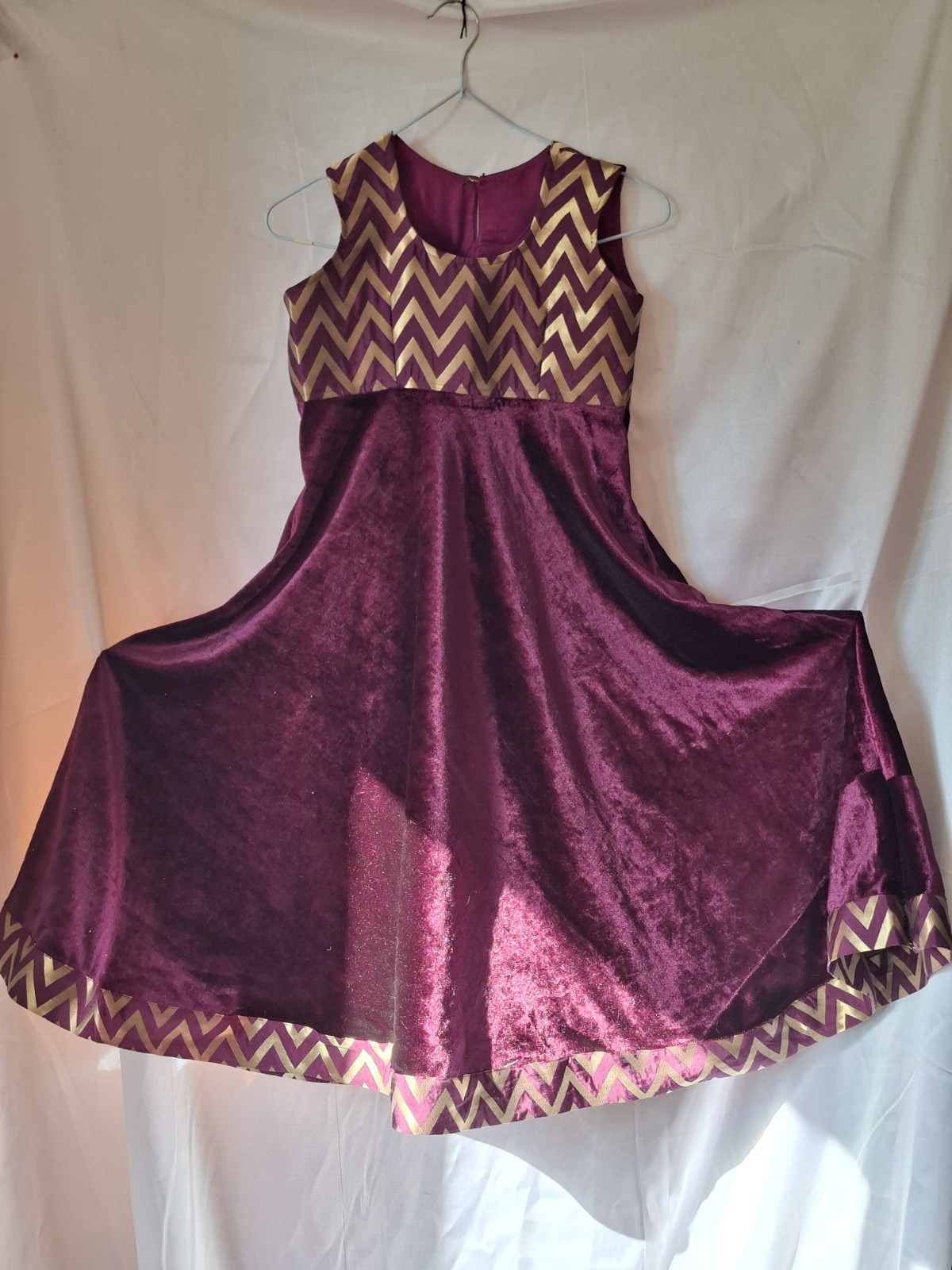 Vintage Handmade Burgundy Velvet Dress Gold Chevron 70s 80s Boho Party Mini XS