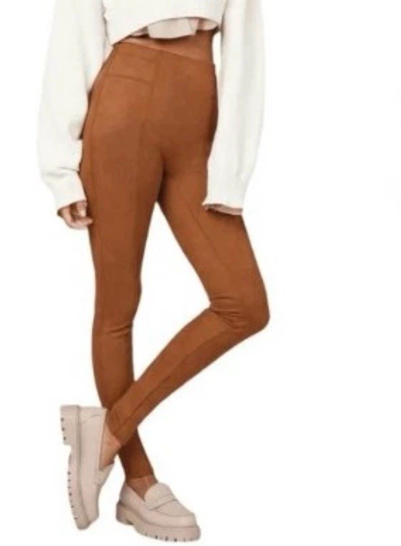 Spanx Faux Suede Leggings Womens L 29x27 Vegan Brown Caramel Shaping Ankle NWT