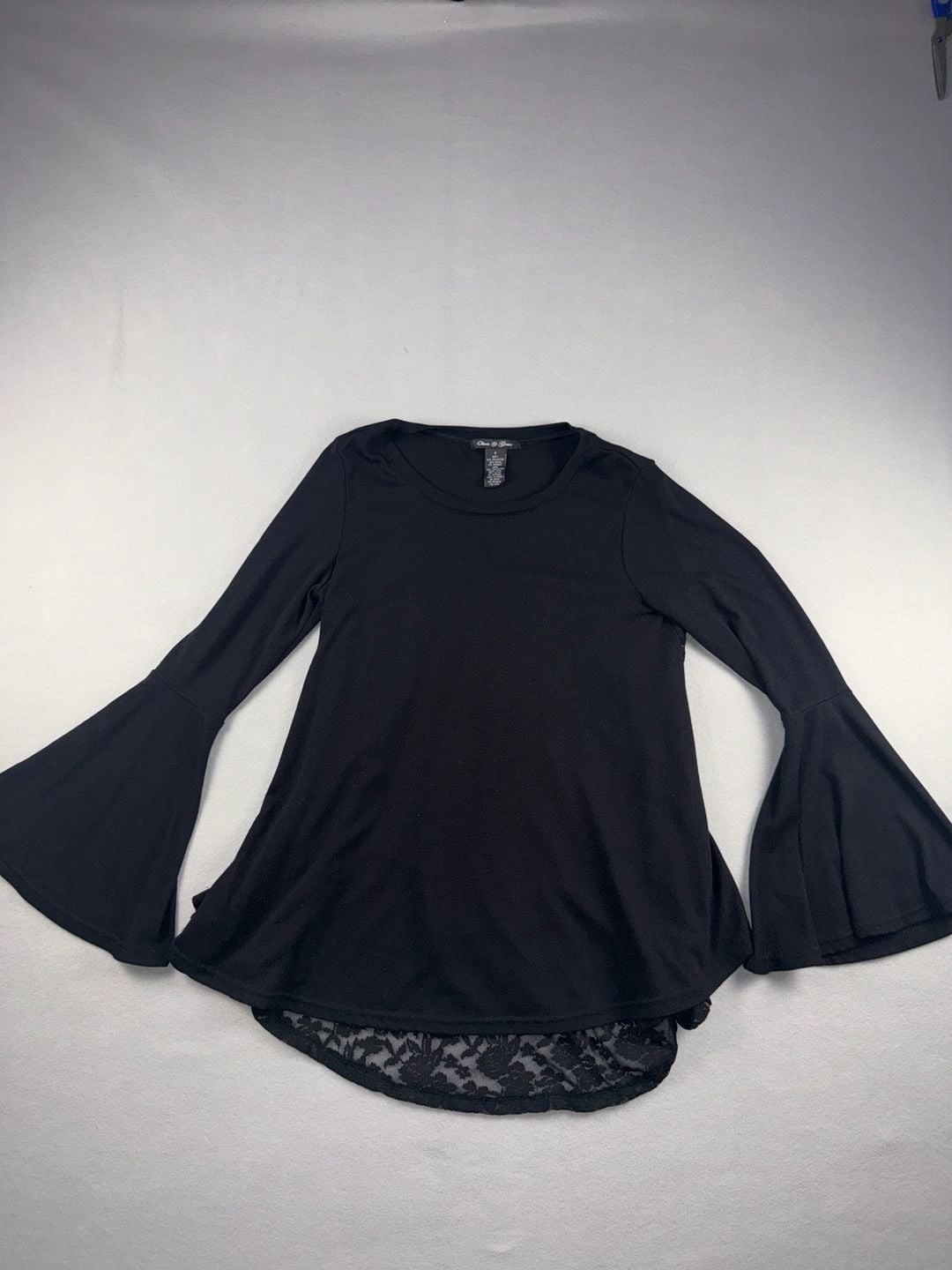 Olivia & Grace Top Size S Black Long Bell Sleeve Lace Trim Tunic Blouse Olivia & Grace Top Size S Black Long Bell Sleeve Lace Trim Tunic Blouse