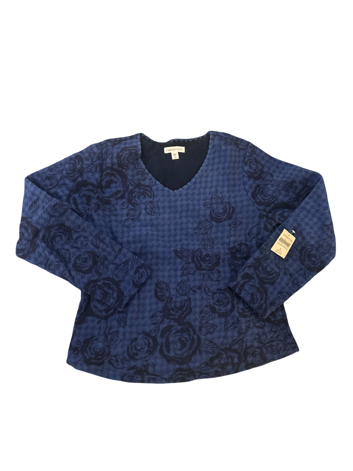 VTG Coldwater Creek Small Navy Blue Floral Houndstooth Fleece Sweater Top