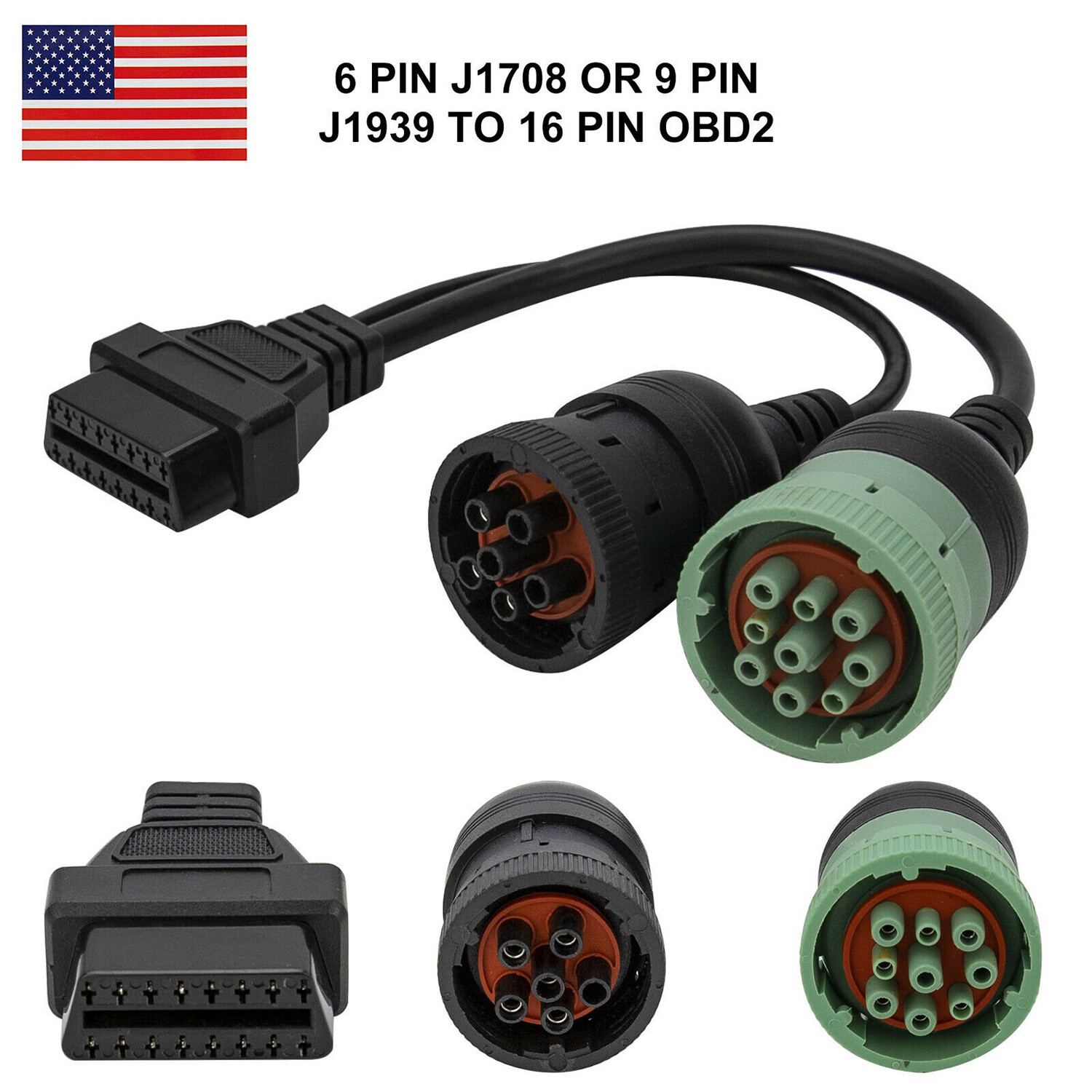 6 Pin J1708 or 9 Pin J1939 to 16 Pin OBD2 OBDII Adapter Cable Heavy Duty Truck