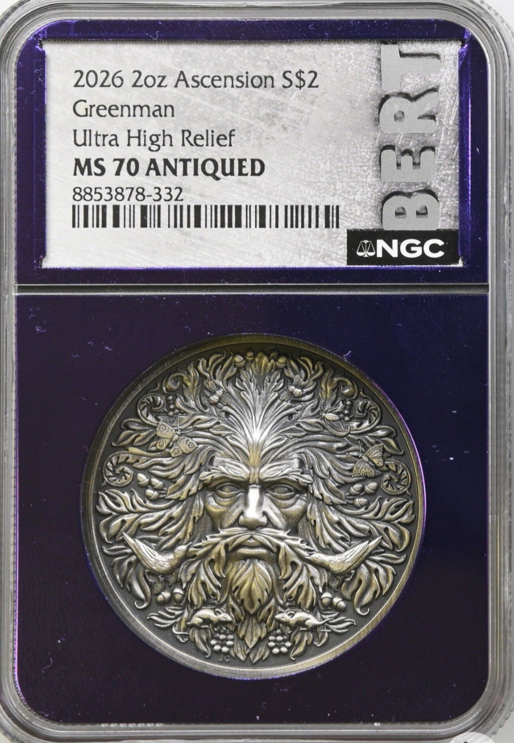 2026 2 oz Ascension Greenman Ultra High Relief S$2 NGC MS70 Antiqued Trader Bea 2026 2 oz Ascension Greenman Ultra High Relief S$2 NGC MS70 Antiqued Trader Bea