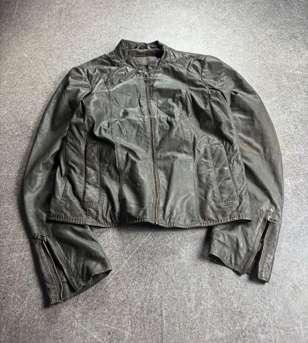 Vintage Made in Italy Genuine Leather Jacket Gray Distressed Moto Cafe Racer Y2K