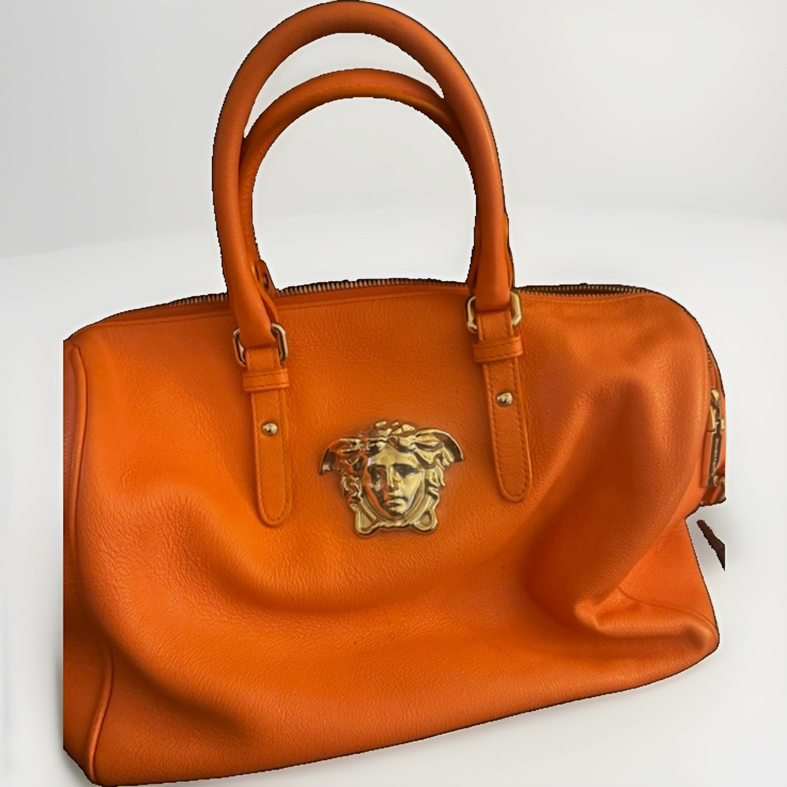 Versace Orange Pebbled Medusa Head Zip Satchel Top Handle Bag Gold Hardware