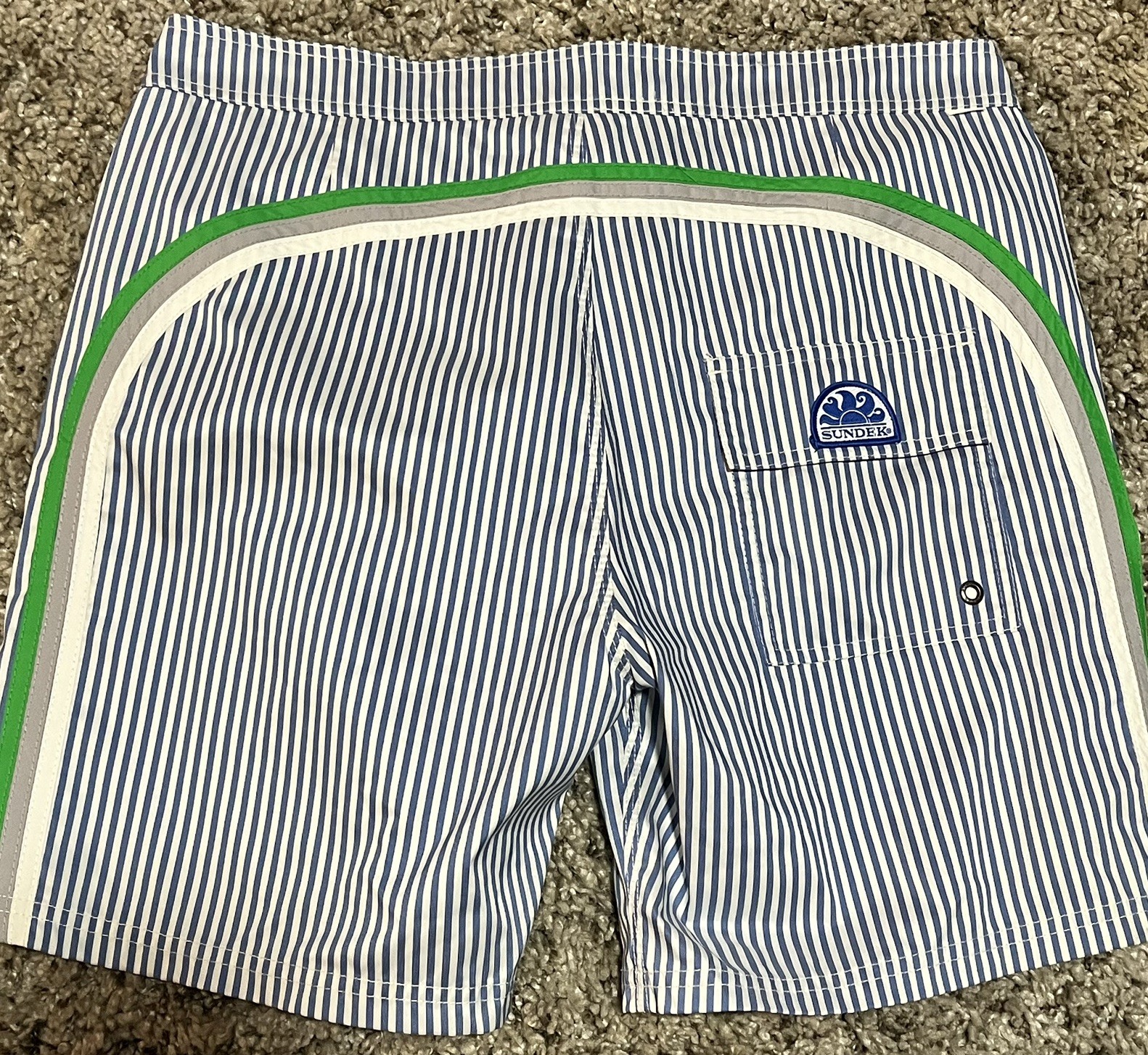 Sundek Men’s Striped Swim Trunks Blue White Size 34 Drawstring Mesh 6.5” Inseam 