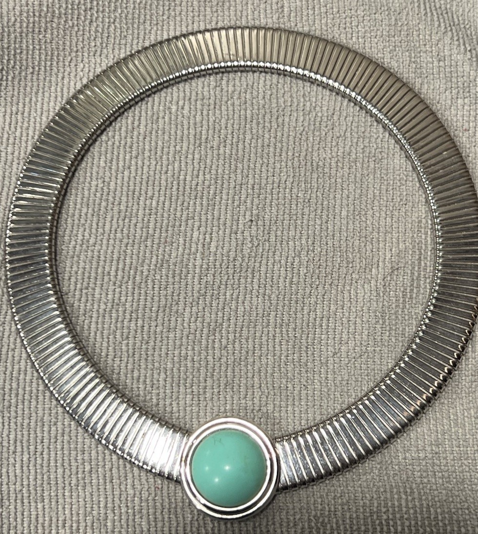 Vintage Signed Monet Silver Tone Tubogas Omega Collar Choker Turquoise Cabochon
