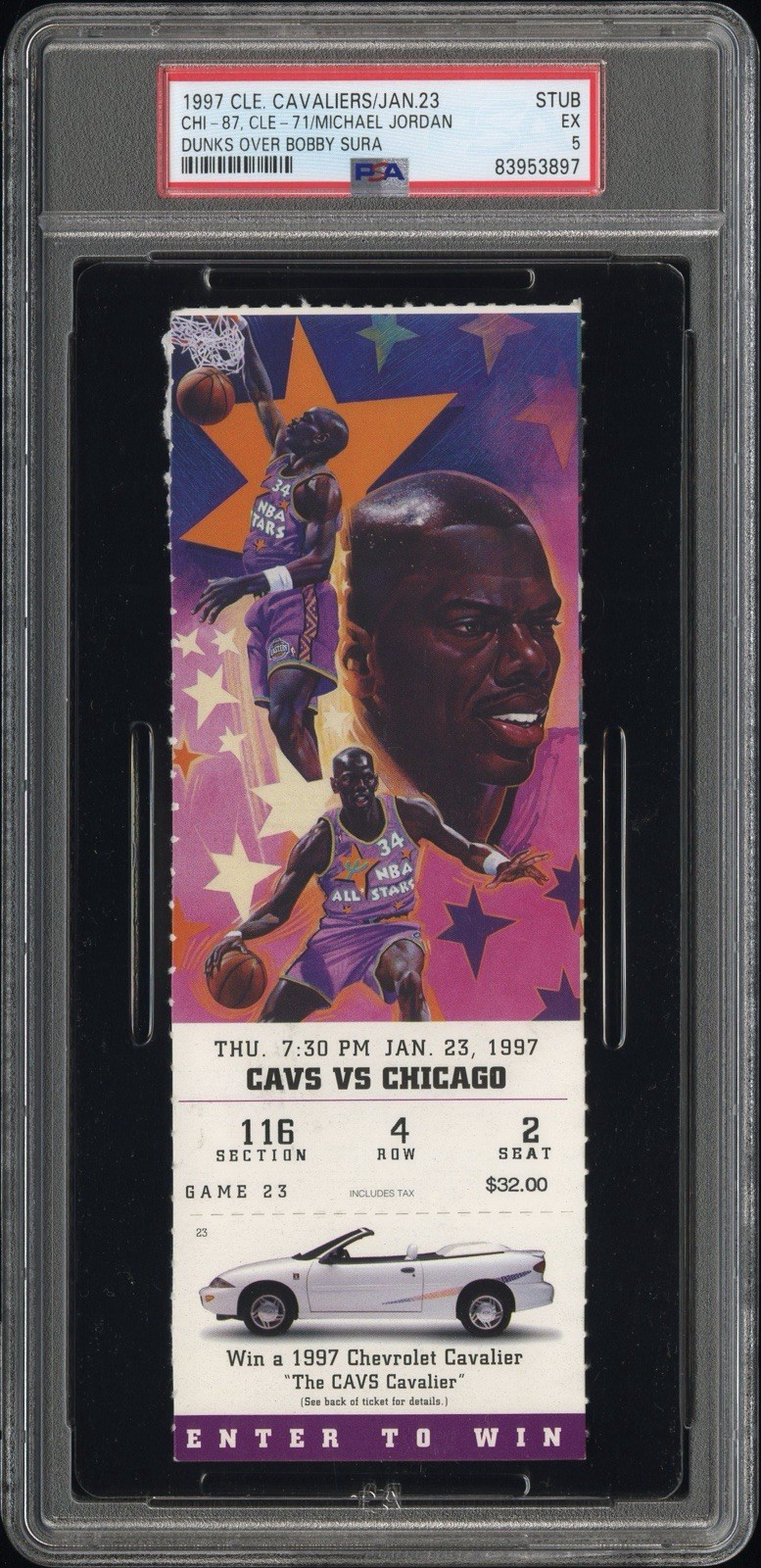 1997 Cavs vs Bulls Ticket Jordan Dunk On Bobby Sura -  POP 1, Only 3 Higher