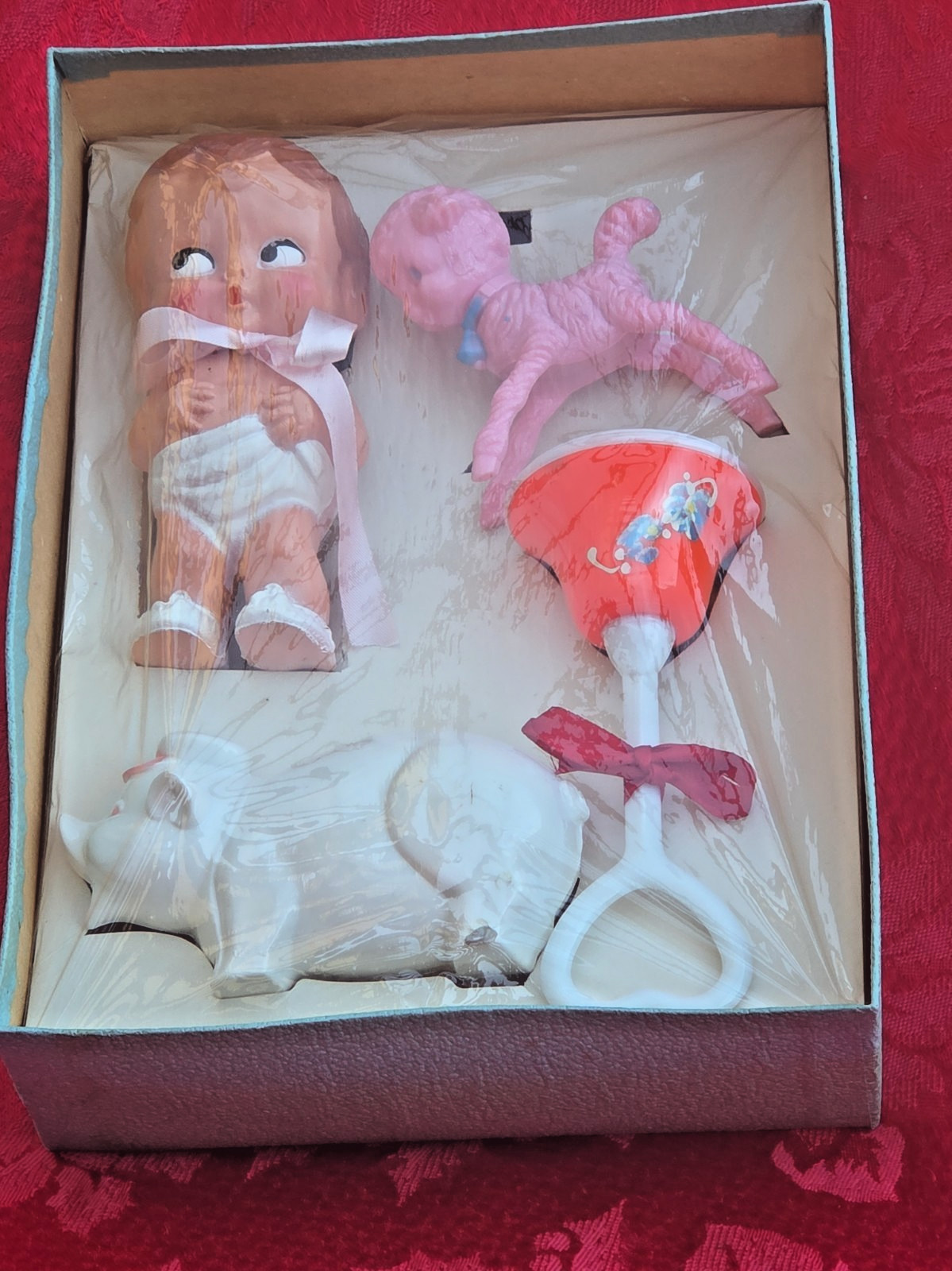 Vintage Celluloid Boxed Baby Toys Doll Rattles & Bank Original Damaged Box